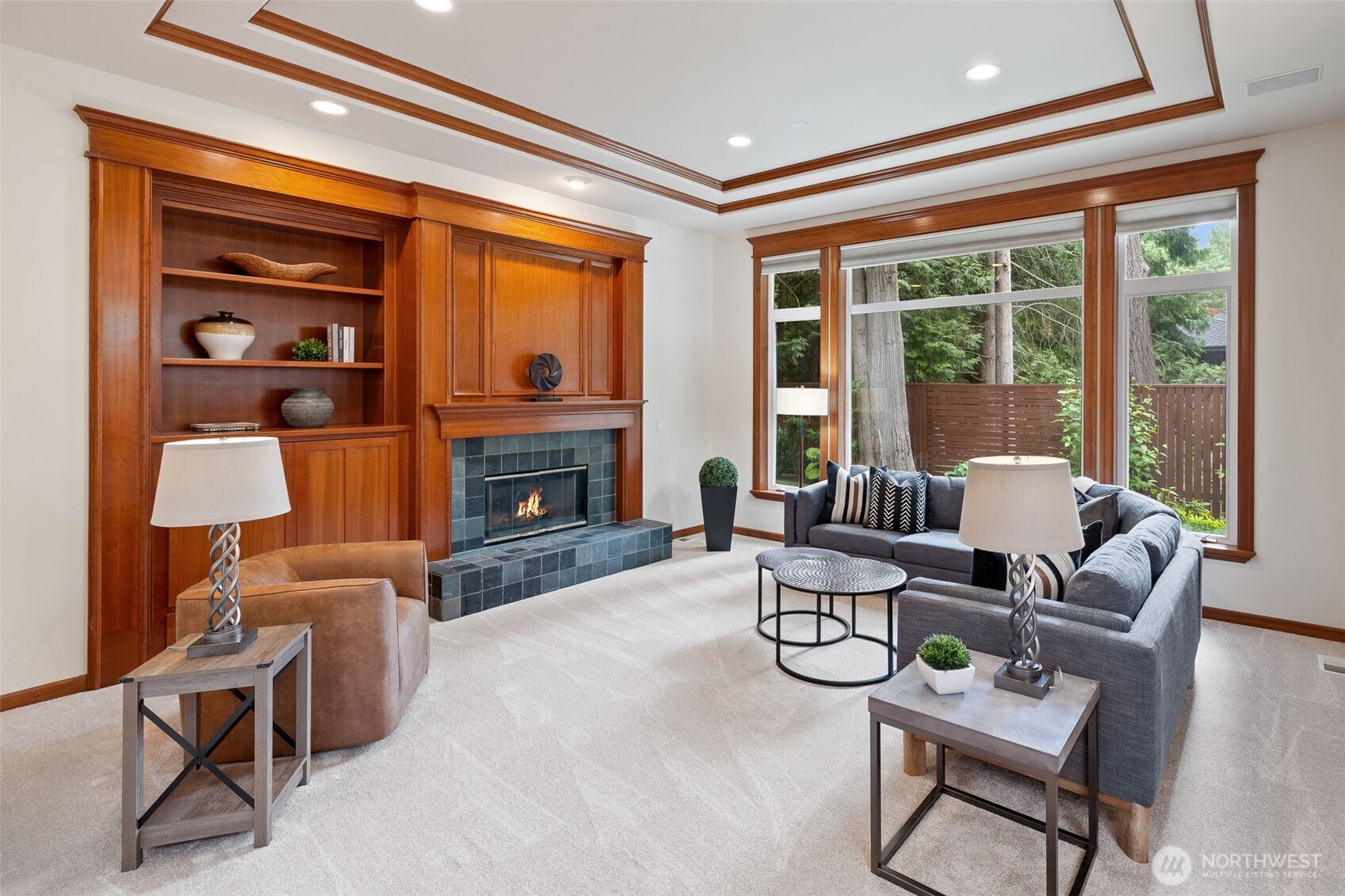 Large family room with gas fireplace.