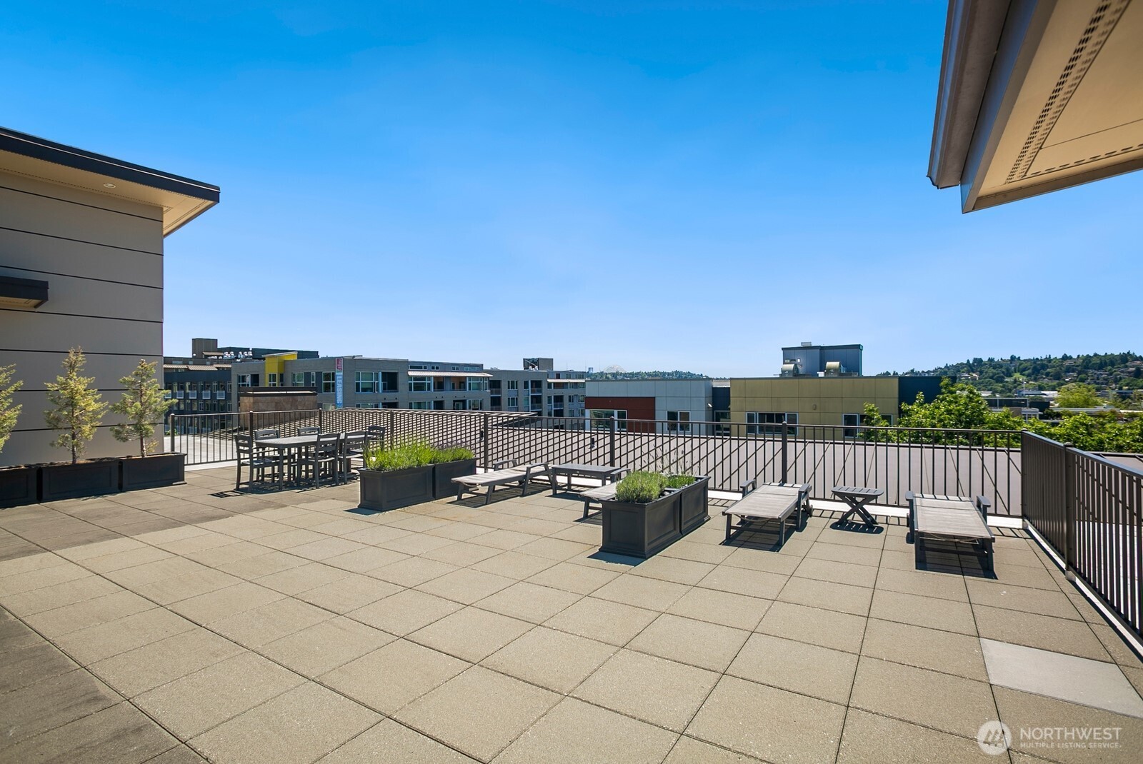 Rooftop deck with view of Mount Rainier