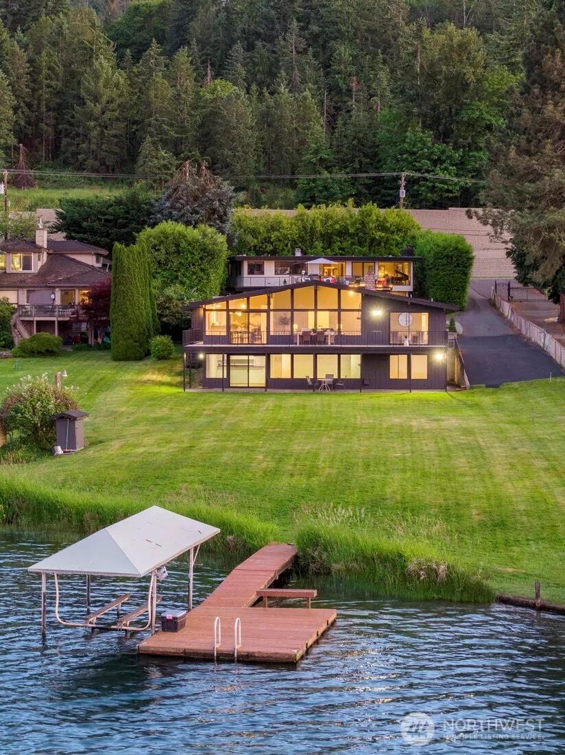House, yard and dock as seen from Lk Sammamish