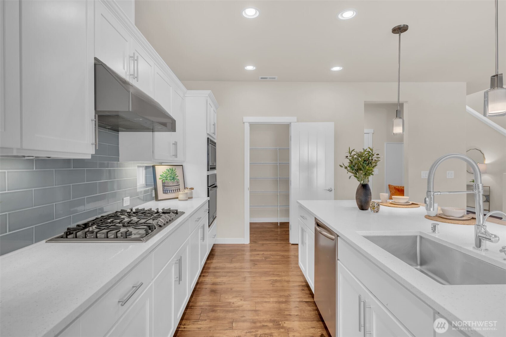 Gas range + large walk-in pantry off the kitchen.
