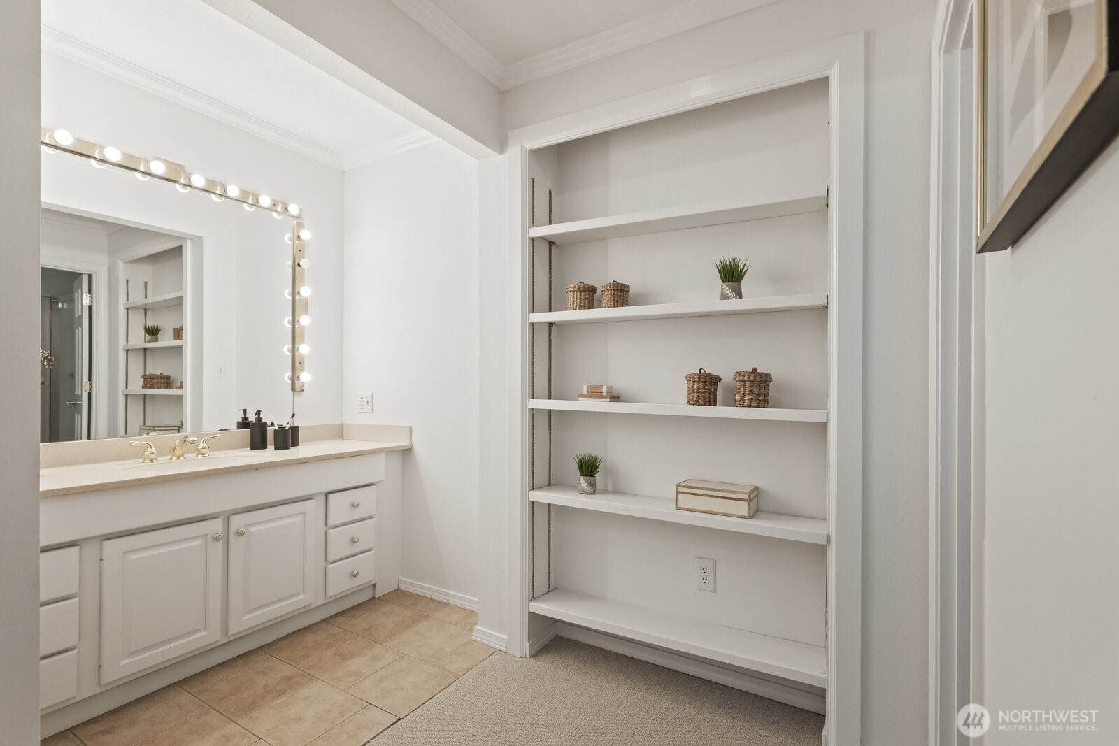 Dual vanities with solid surface counters.