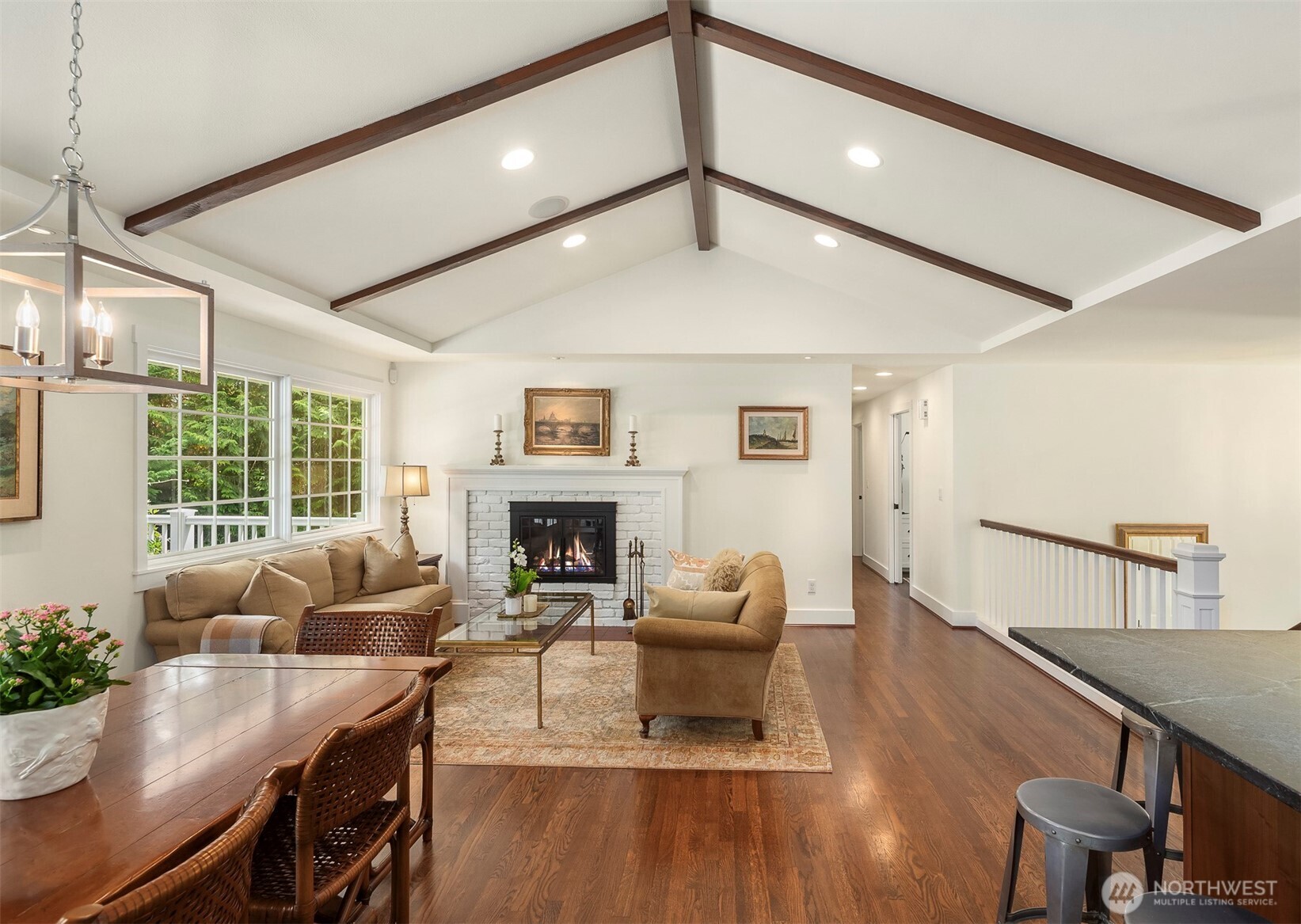 Expansive great room with rich hardwood floors throughout main floor