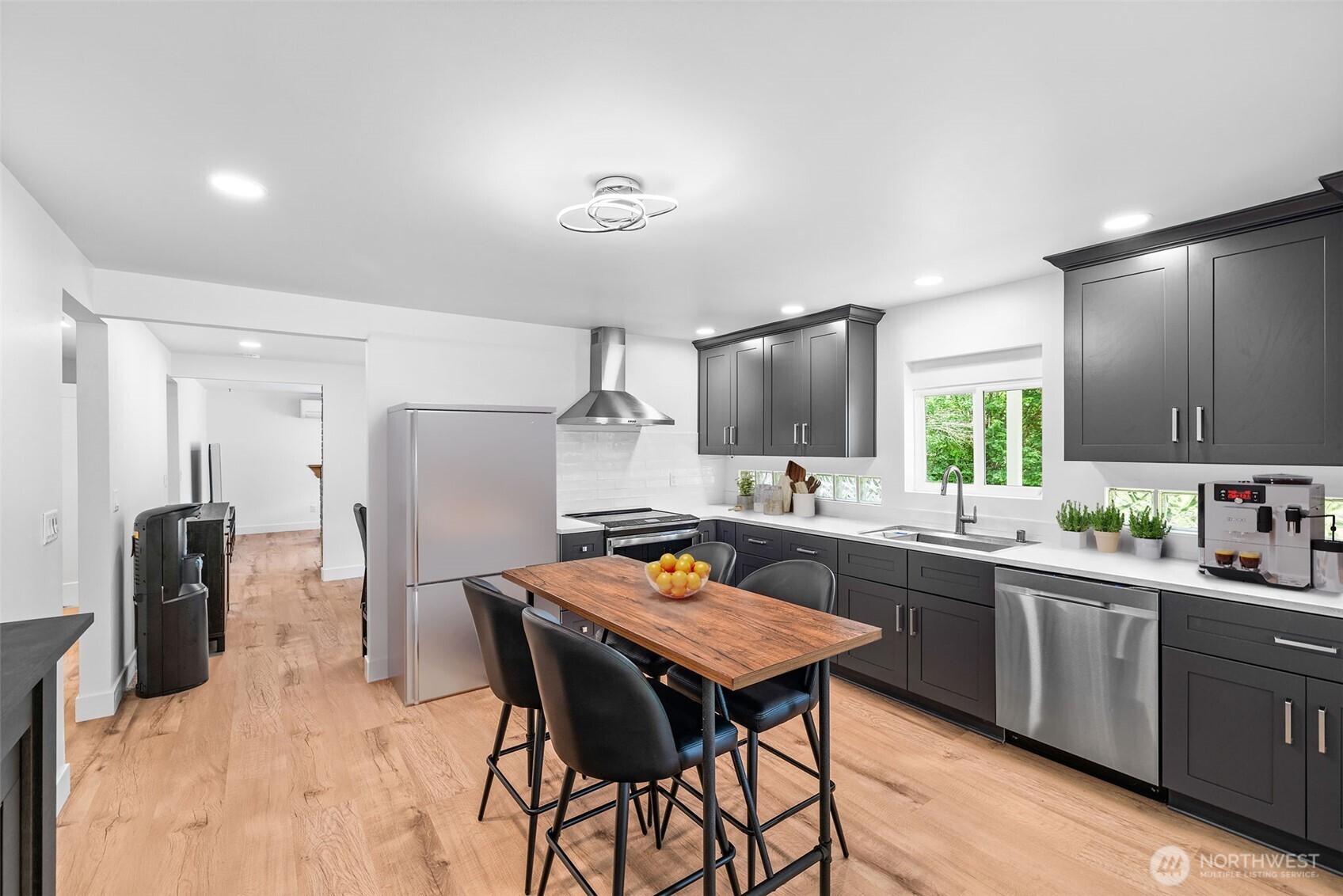 Large kitchen with casual eating space.