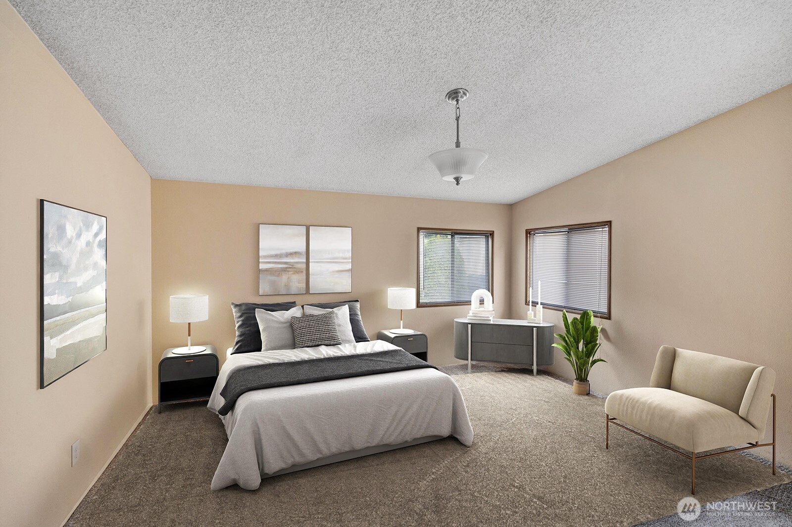 Generous sized Primary suite is located at the North end of the home and +will accommodate a King size bed and additional furniture.