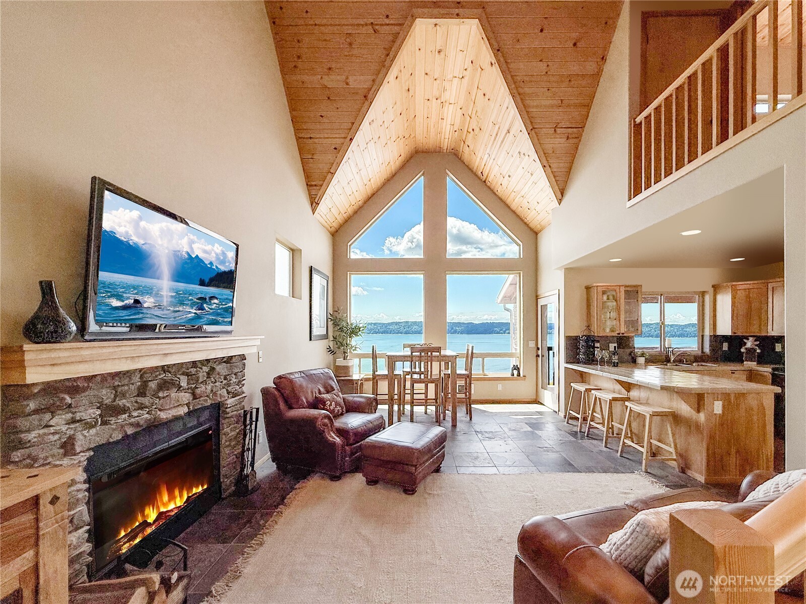 Wood burning fireplace for cozy ambiance.