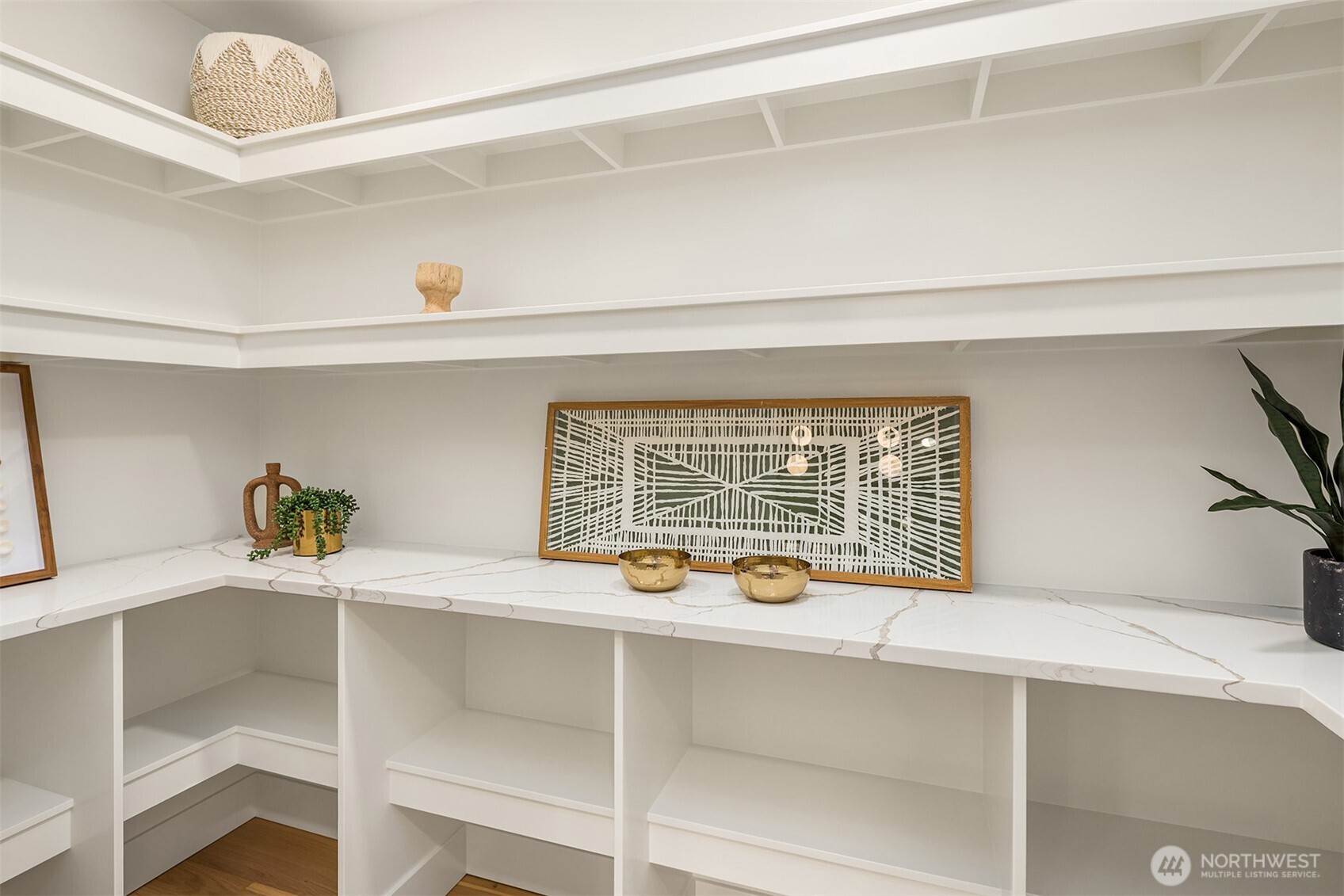 Fully customized walk-in pantry with millwork and quartz top.