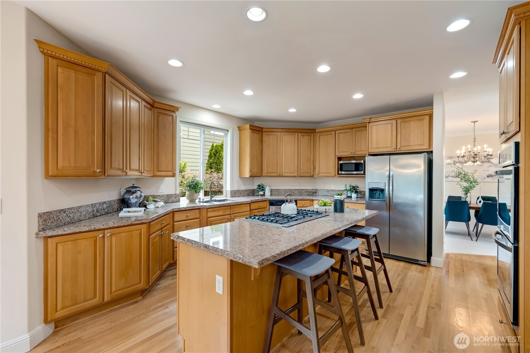 granite countertops, slide out cabinets, under counter lights