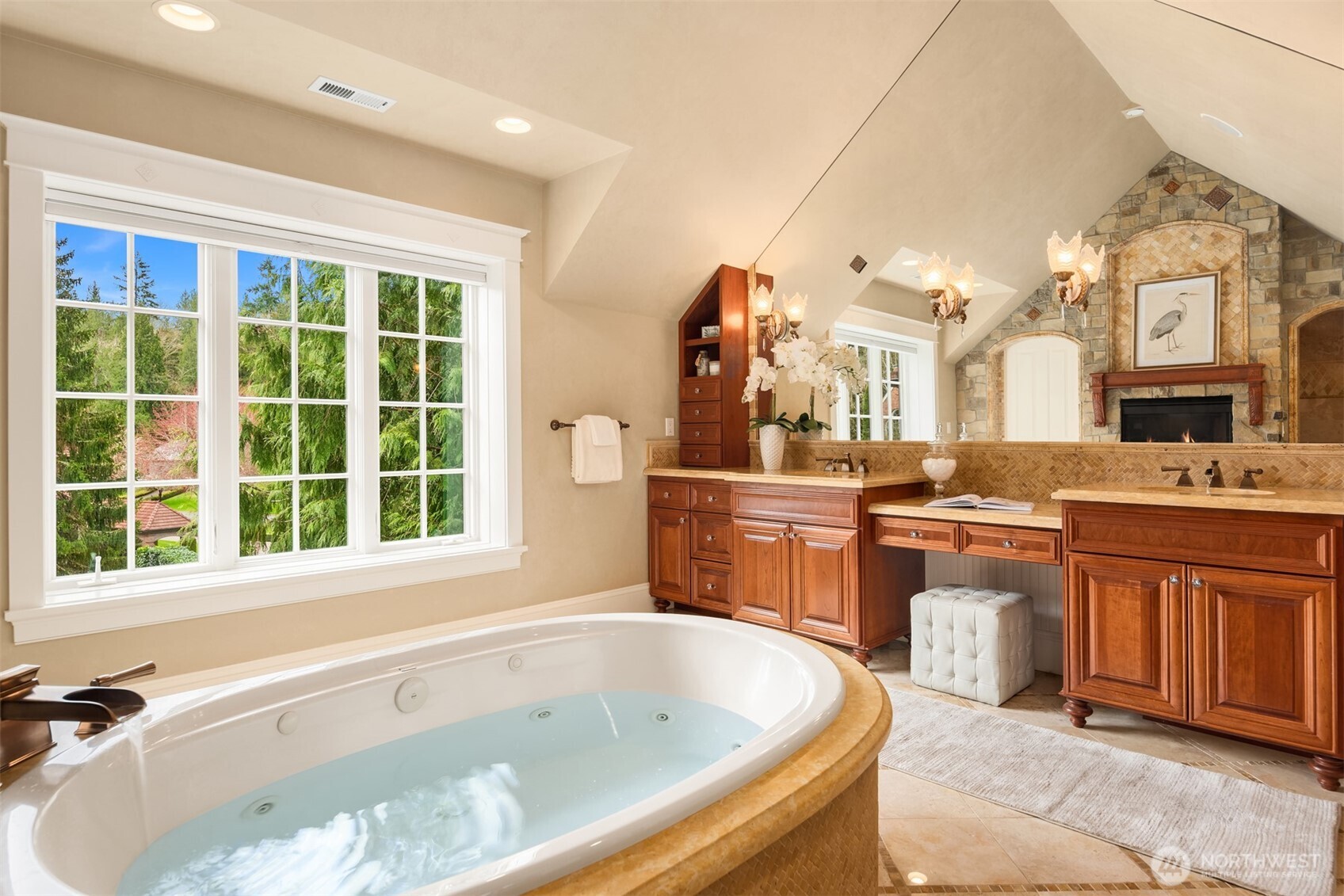 Heated stone flooring with mosaic accent