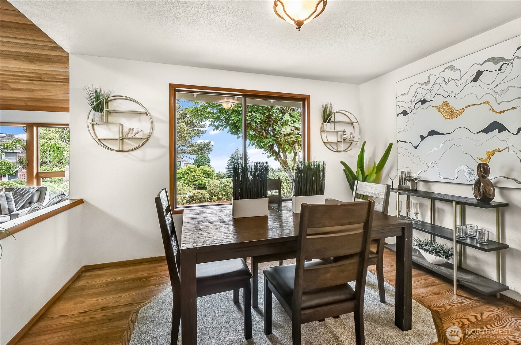 Dining room with mountain and lake views