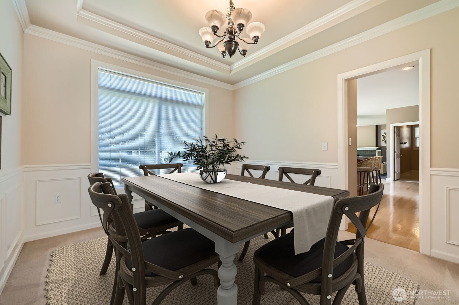With its lovely coved ceilings and a big view window overlooking the extensive private grounds, this place is a breeze to have dinner parties in.