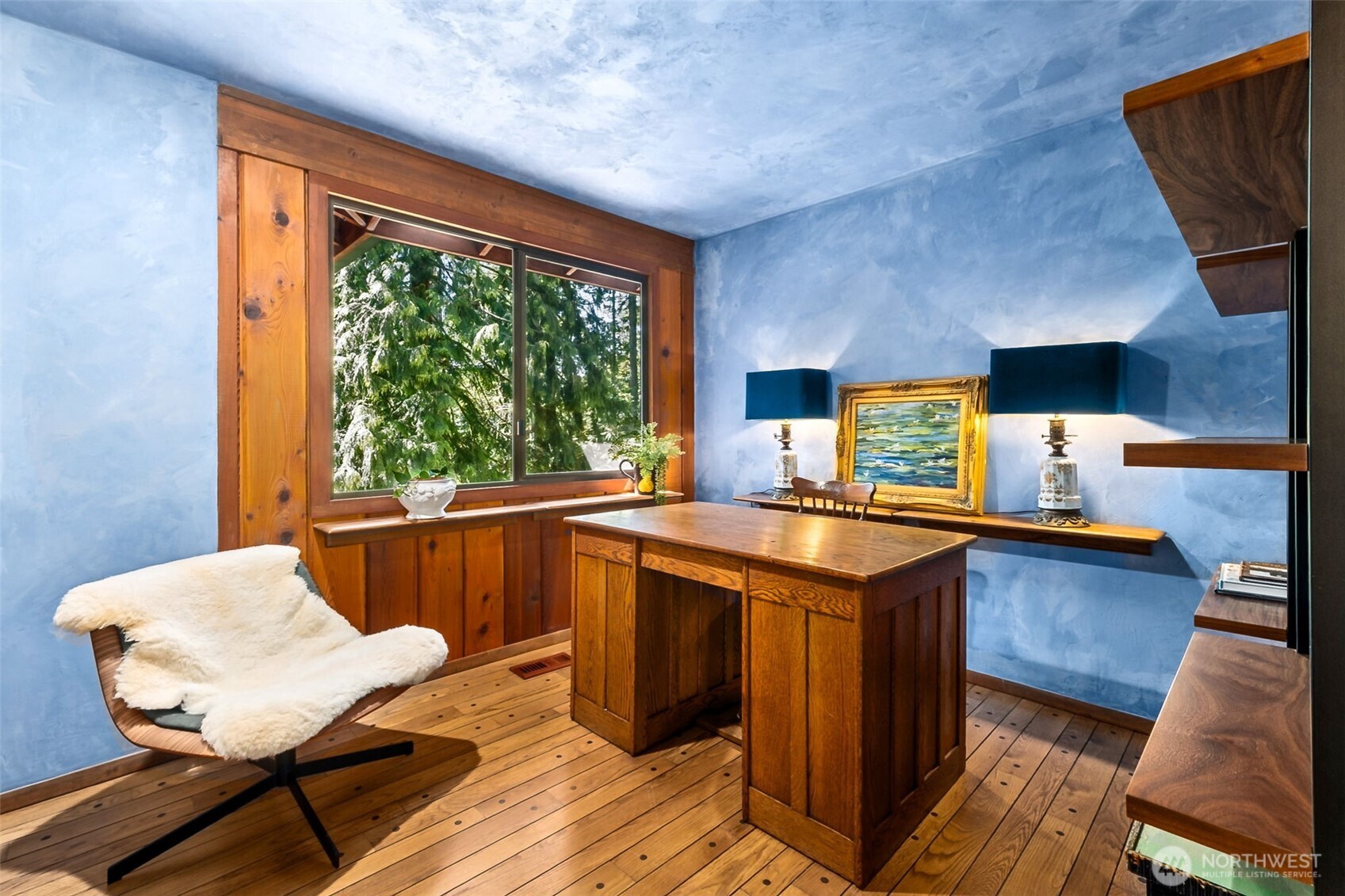 Second bedroom on the main level was re created as a dreamy office space, so soothing and peaceful to work in here, or of course you can repaint and use for whatever you want!