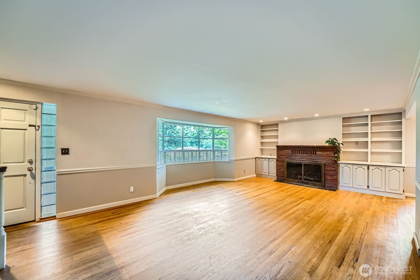 Living Room with masonry fireplace