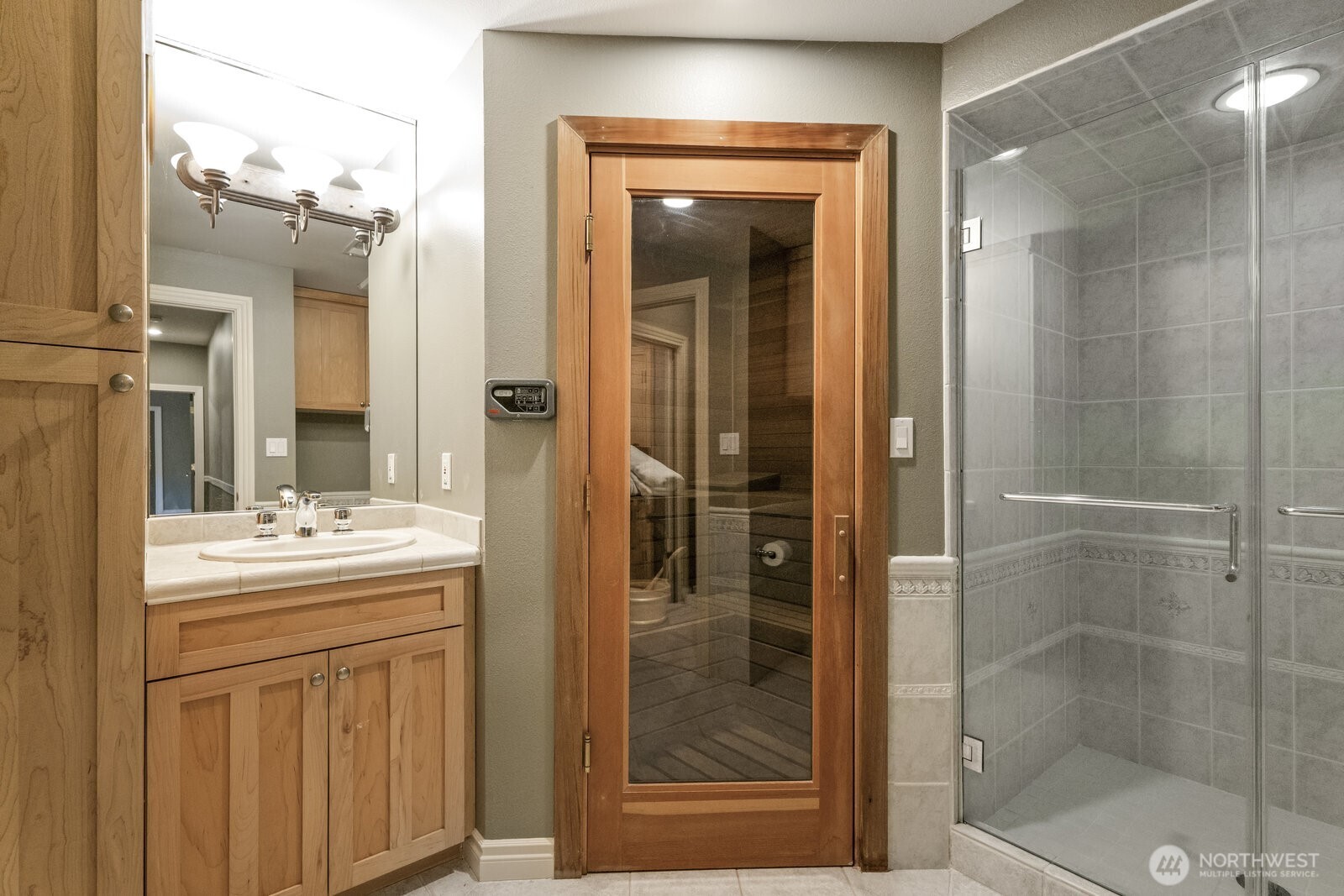 Lower level 3/4 bathroom with a sauna.