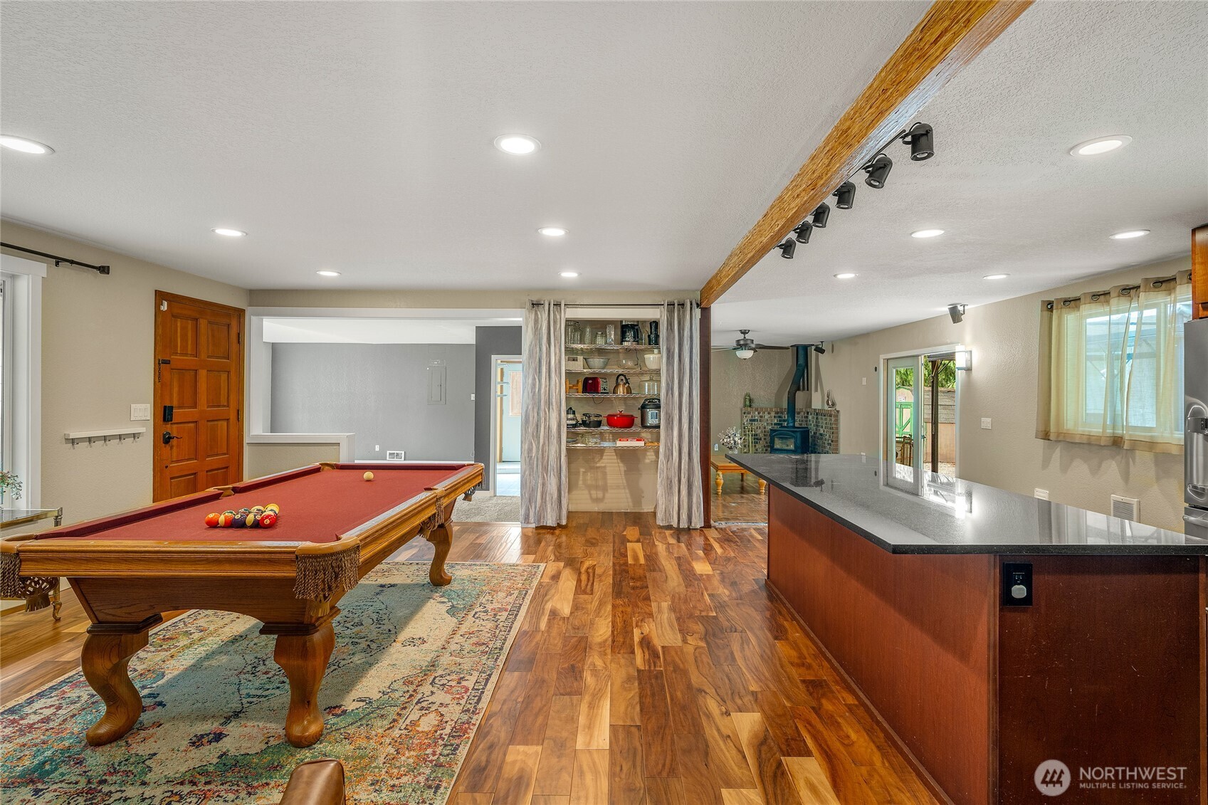 Great room with living, family room & kitchen