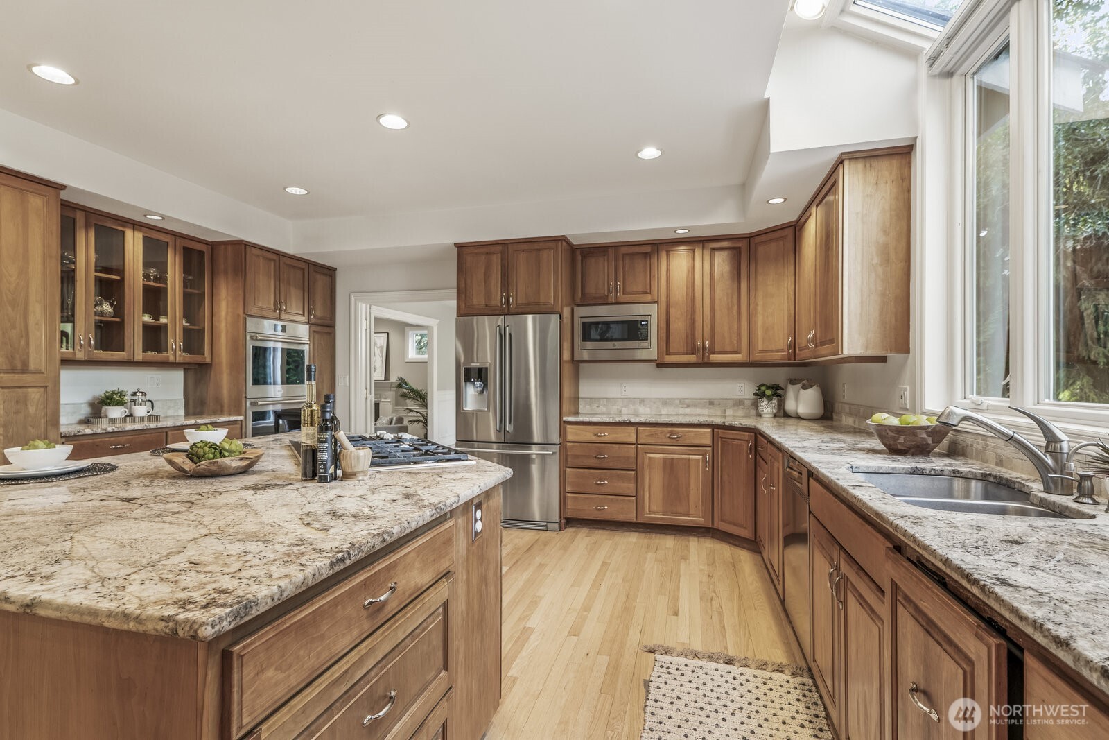 High end appliances including Wolf double ovens.