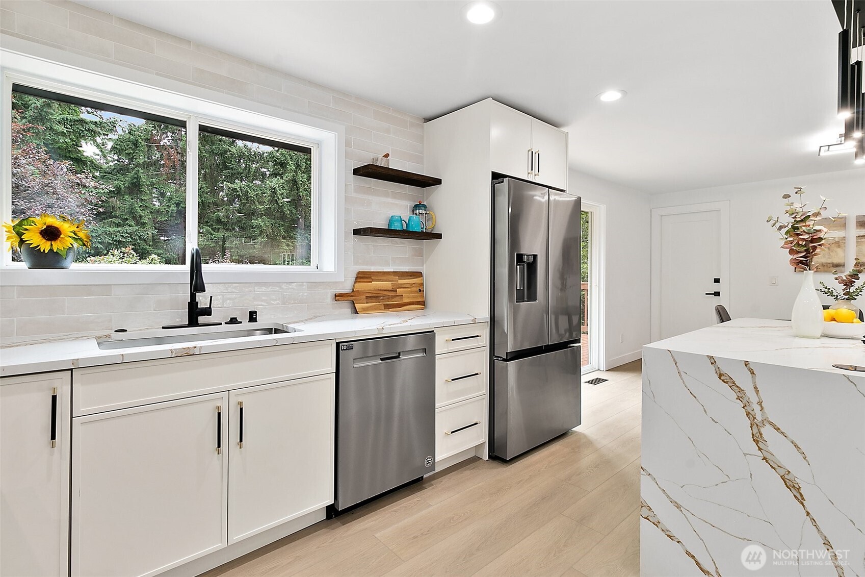 Kitchen with backyard view