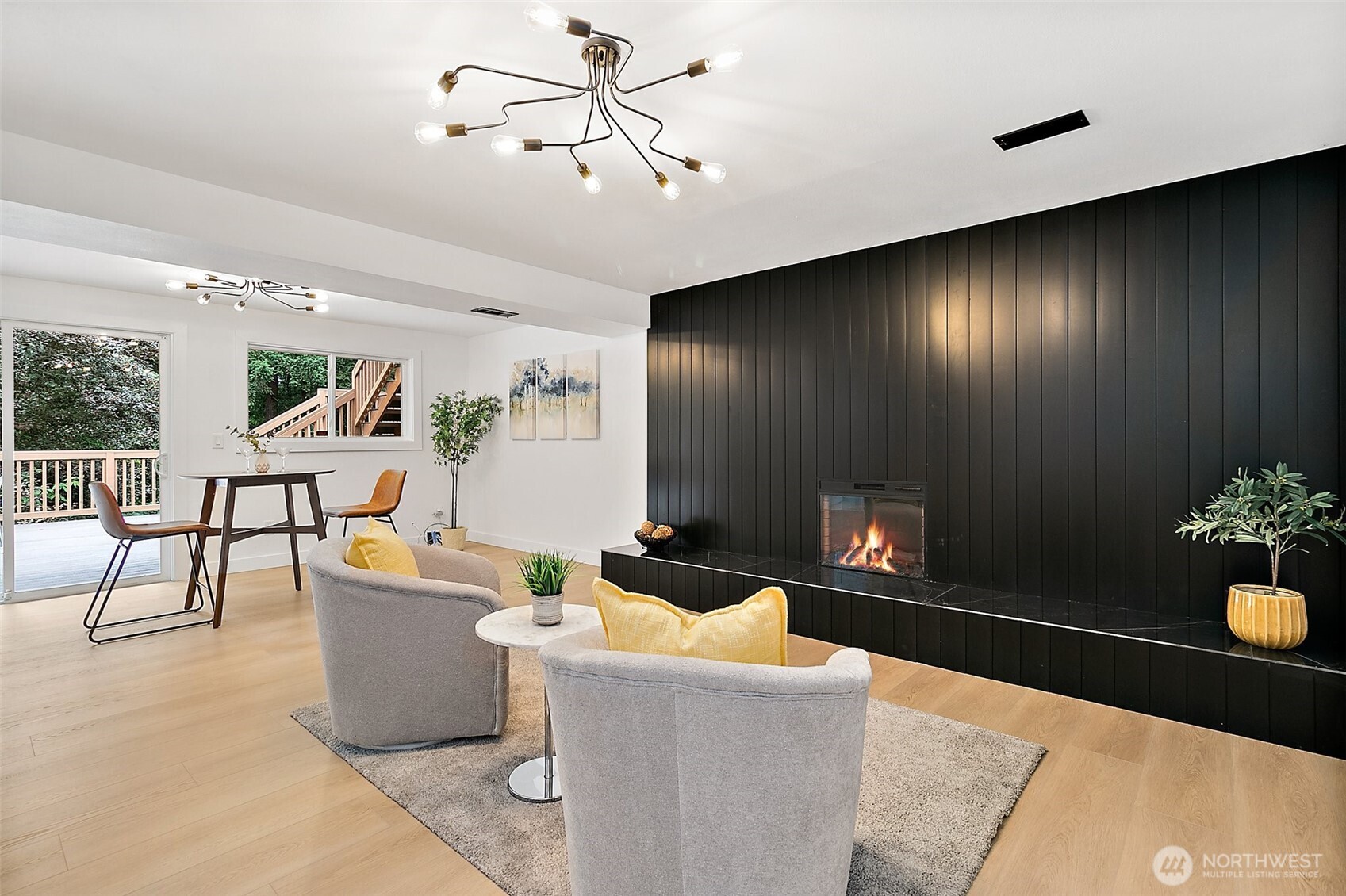 Lower level living room with fireplace