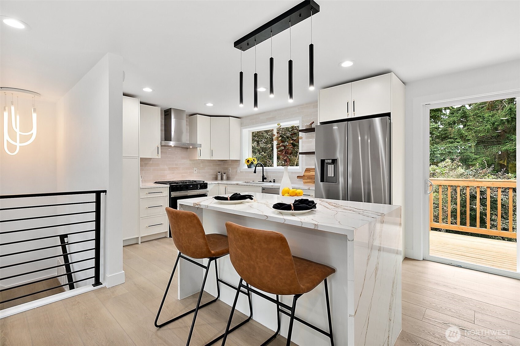 Kitchen view with waterfall island