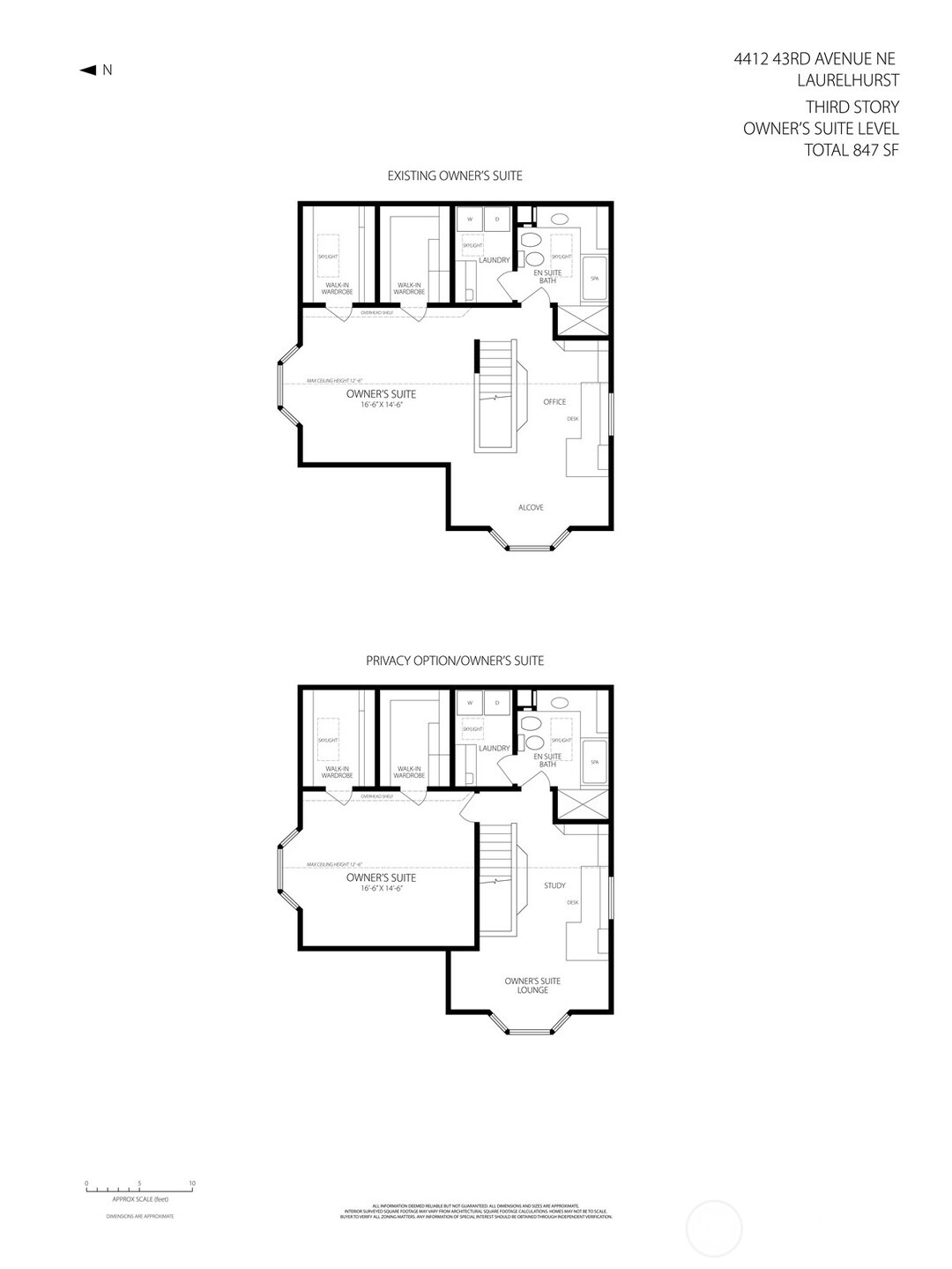 Upper-level floor plans depict the existing vaulted owner’s suite (top) and an alternate layout (bottom) illustrating how a traditionally separated office or fifth bedroom can be achieved with minimal alteration.