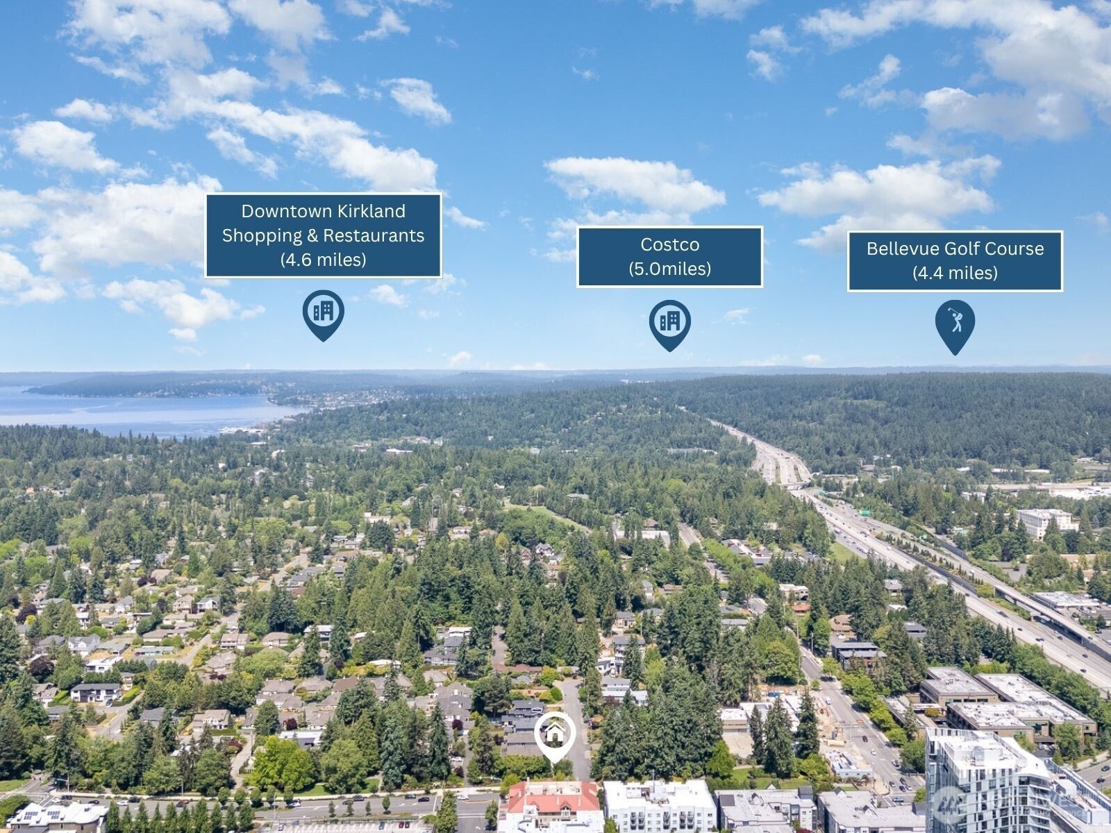Looking north towards Downtown Kirkland, Lake Washington, and nearby conveniences like Costco and Bellevue Golf Course—endless recreation and shopping within easy reach!