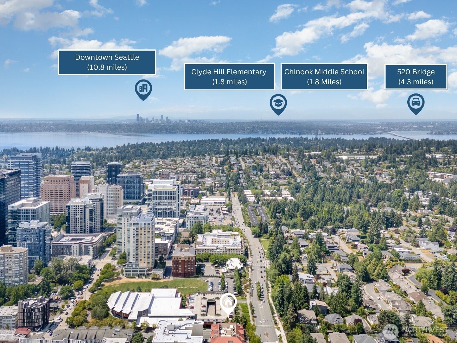 The stunning westward view highlights quick access to Seattle, top-rated Clyde Hill Elementary, Chinook Middle School, and the 520 bridge for an effortless commute across the lake.