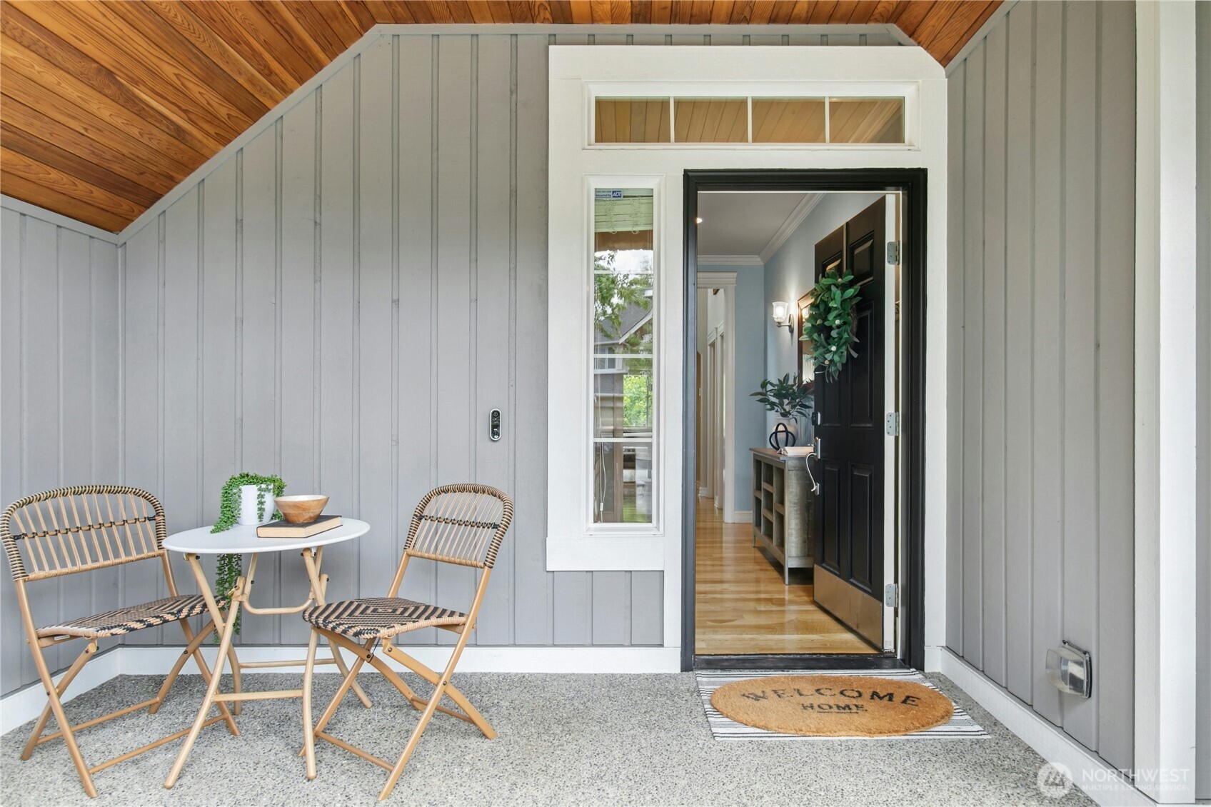 Large composite deck steps down to incredible yard!