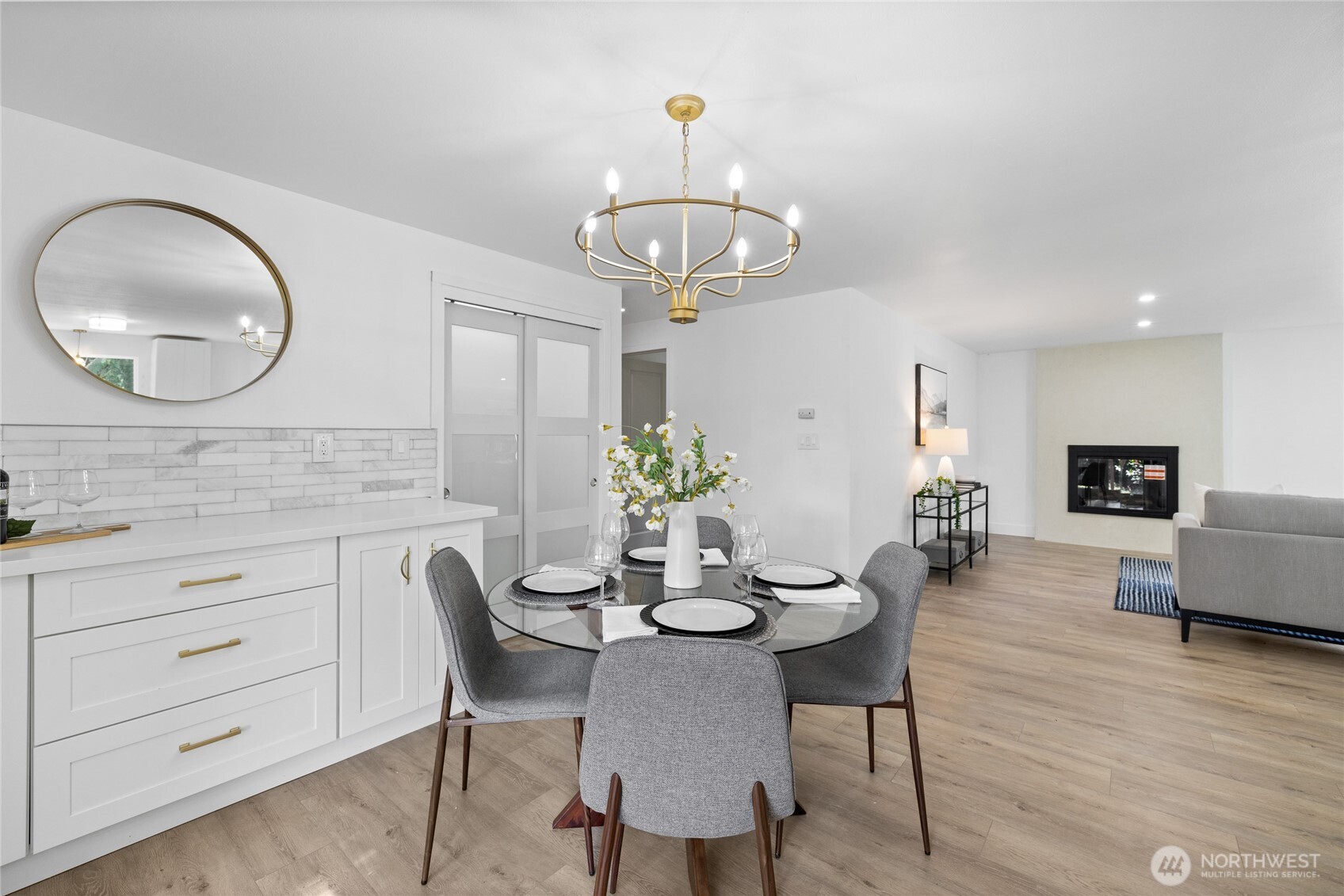 Dining area with convenient built ins for storage or entertaining.