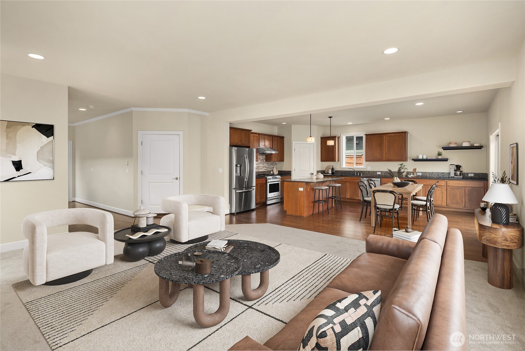 Great room adjoins kitchen and dining area