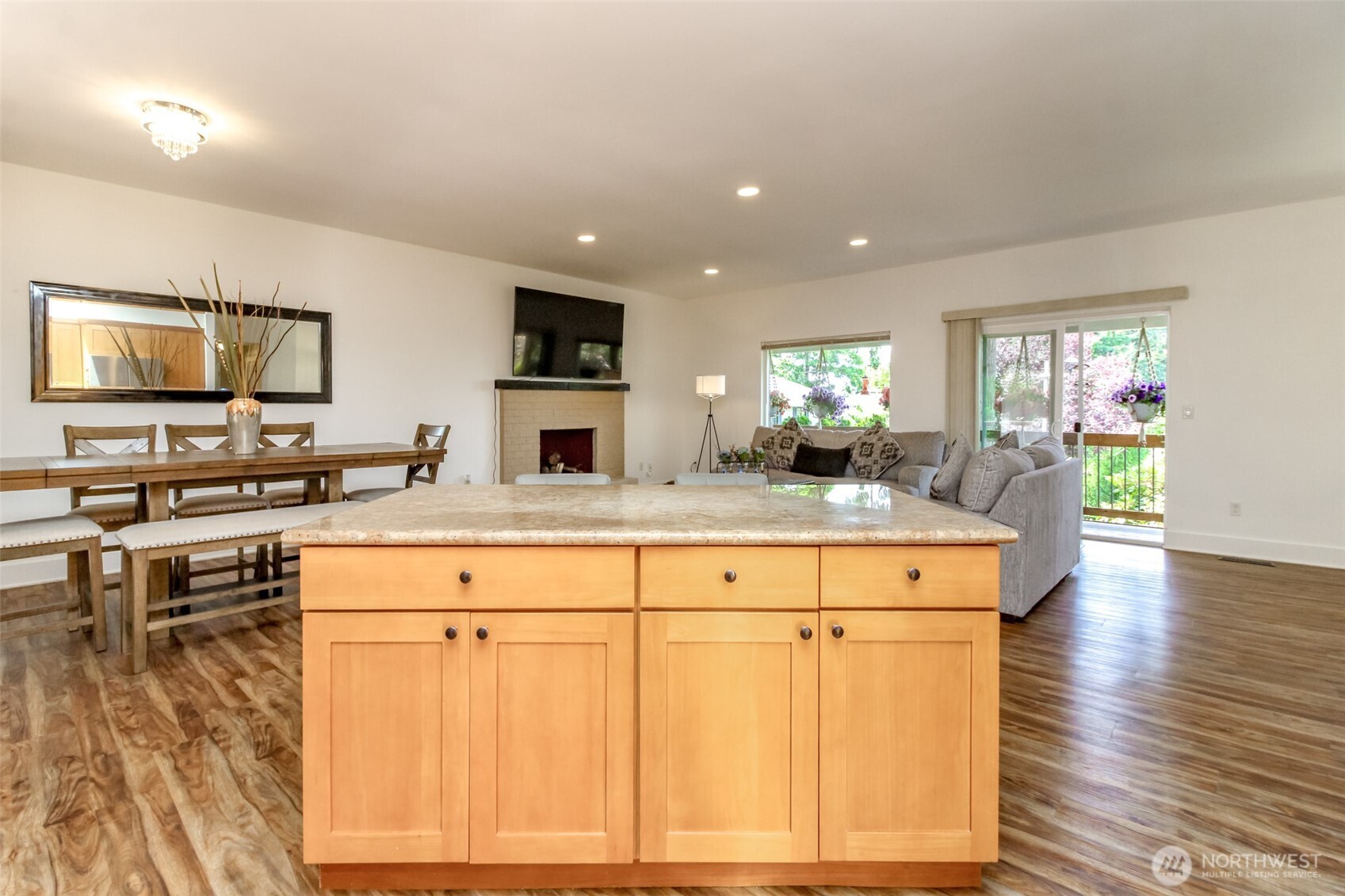 Kitchen looking toward living and dining area