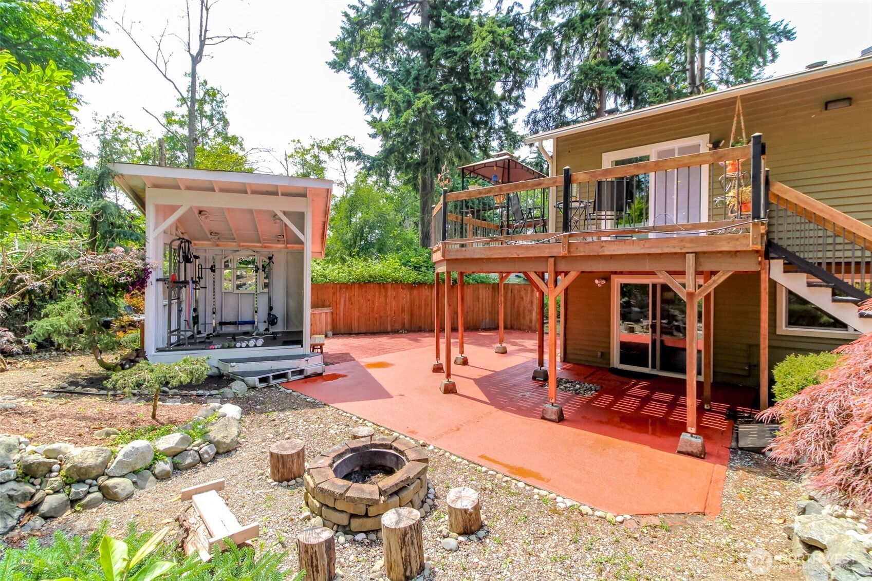 Backyard with Firepit and Work Out Shed