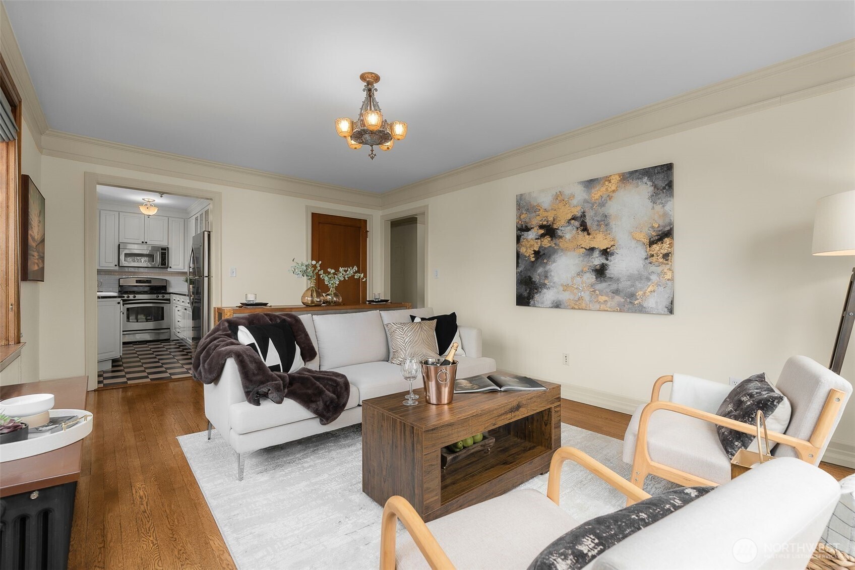 Beautiful and Bright, Your lovely Living Room with Antique Original Light Fixture.