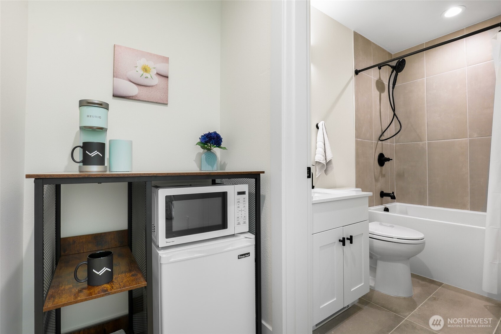Microwave, mini-fridge, coffee-maker for private bedroom suite.