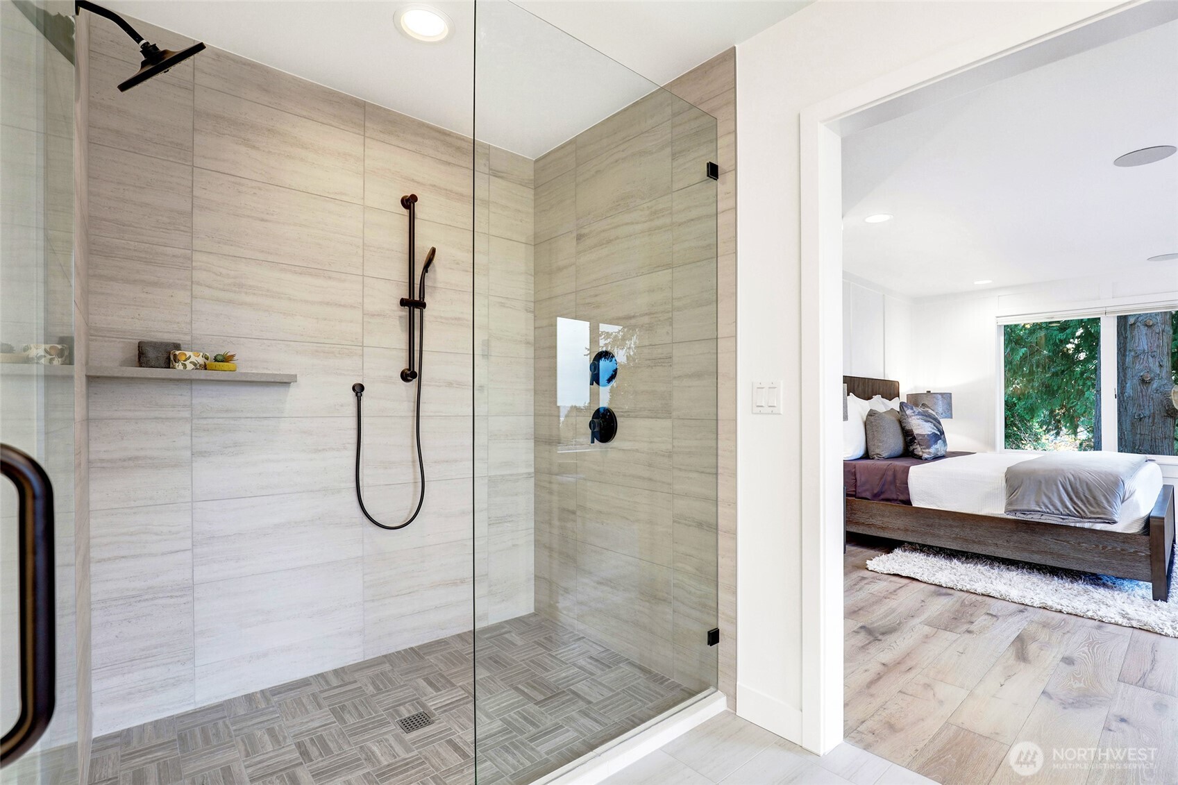 Primary bathroom shower with dual shower heads!