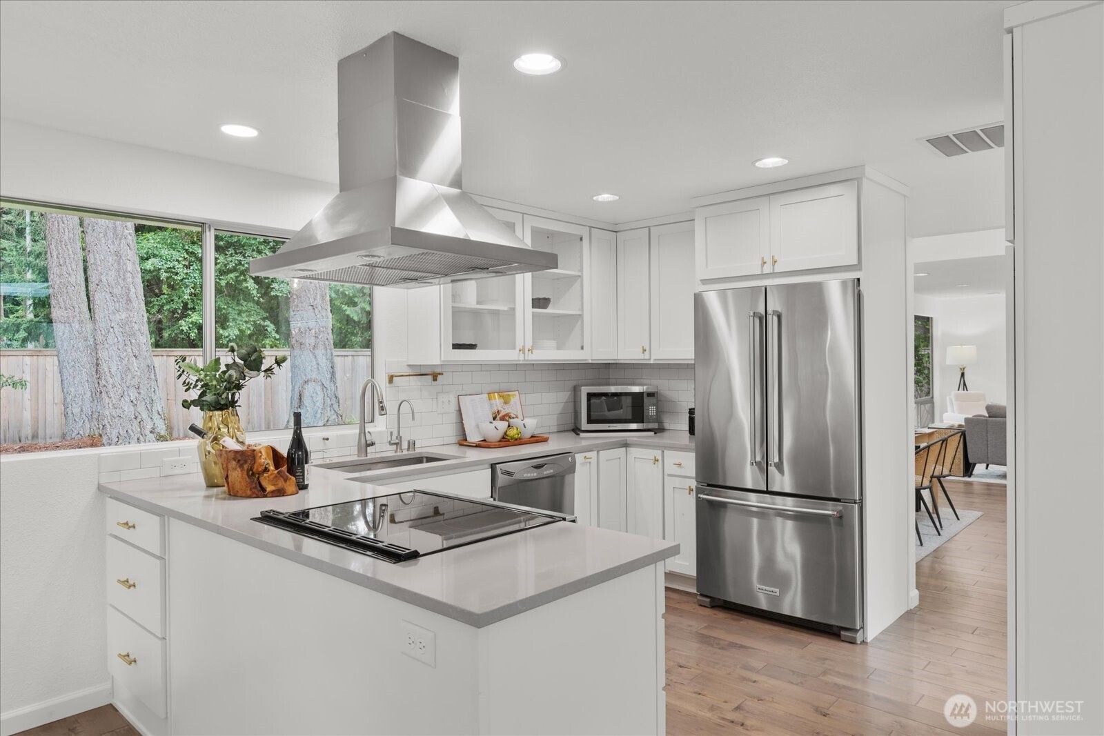 Quartz countertops and recessed lighting.