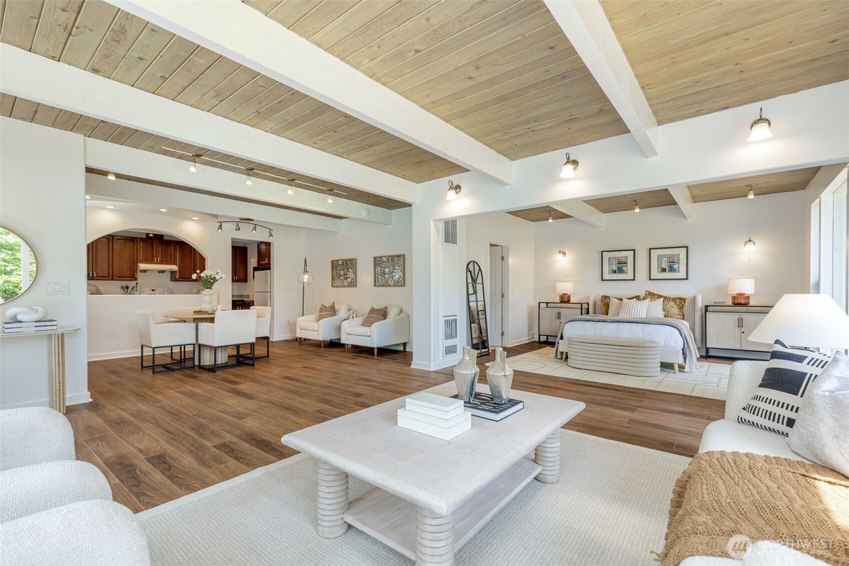 Equipped with a dining area and a full kitchen.