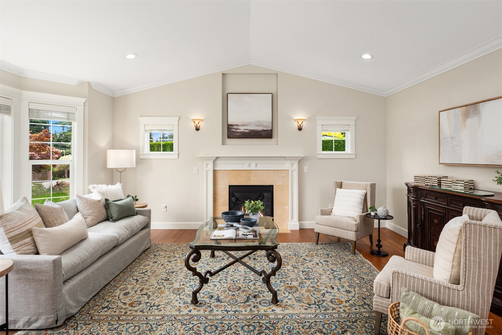 Formal living room with a gas fireplace