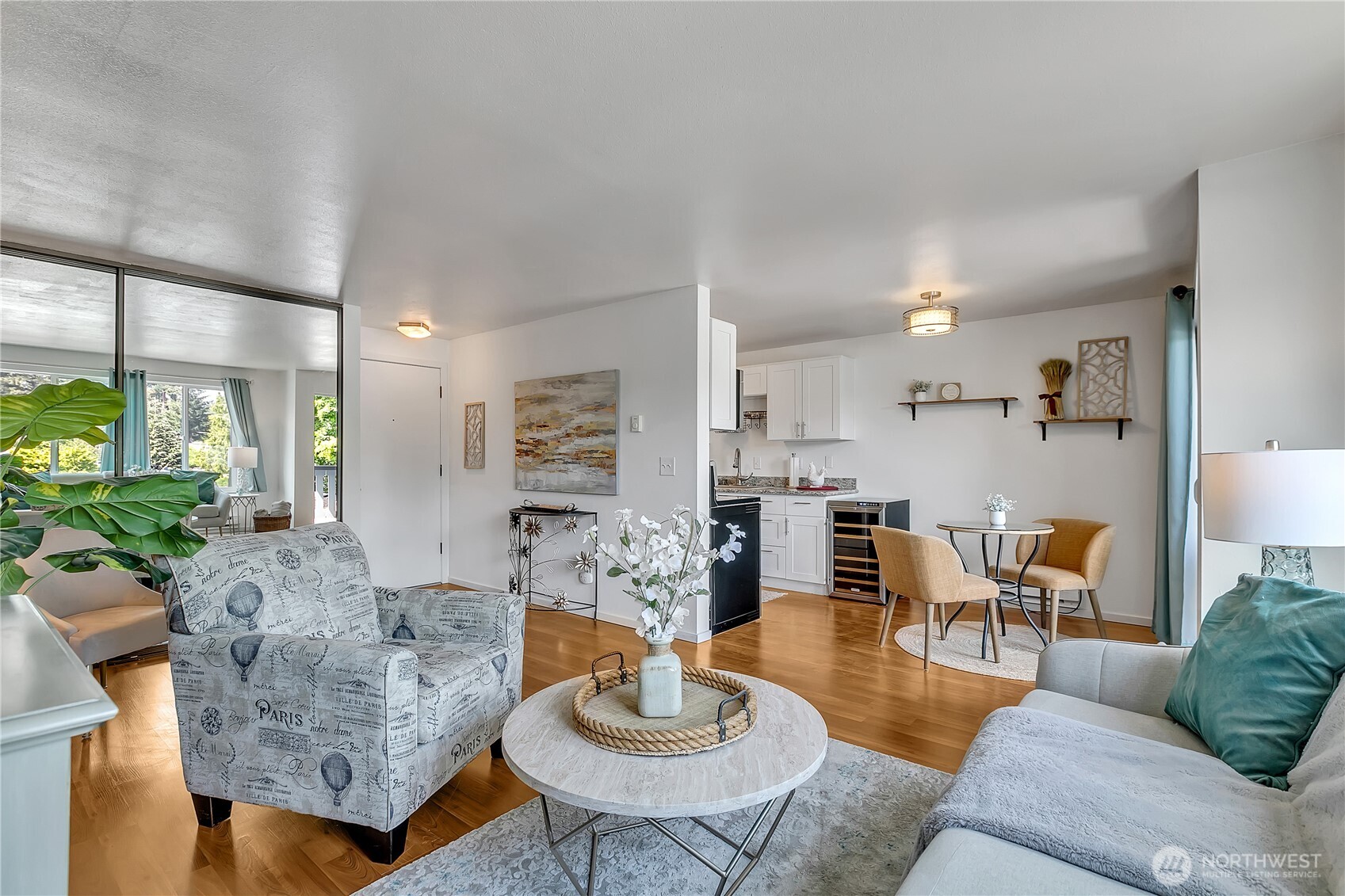 Living room towards the dining area and kitchen