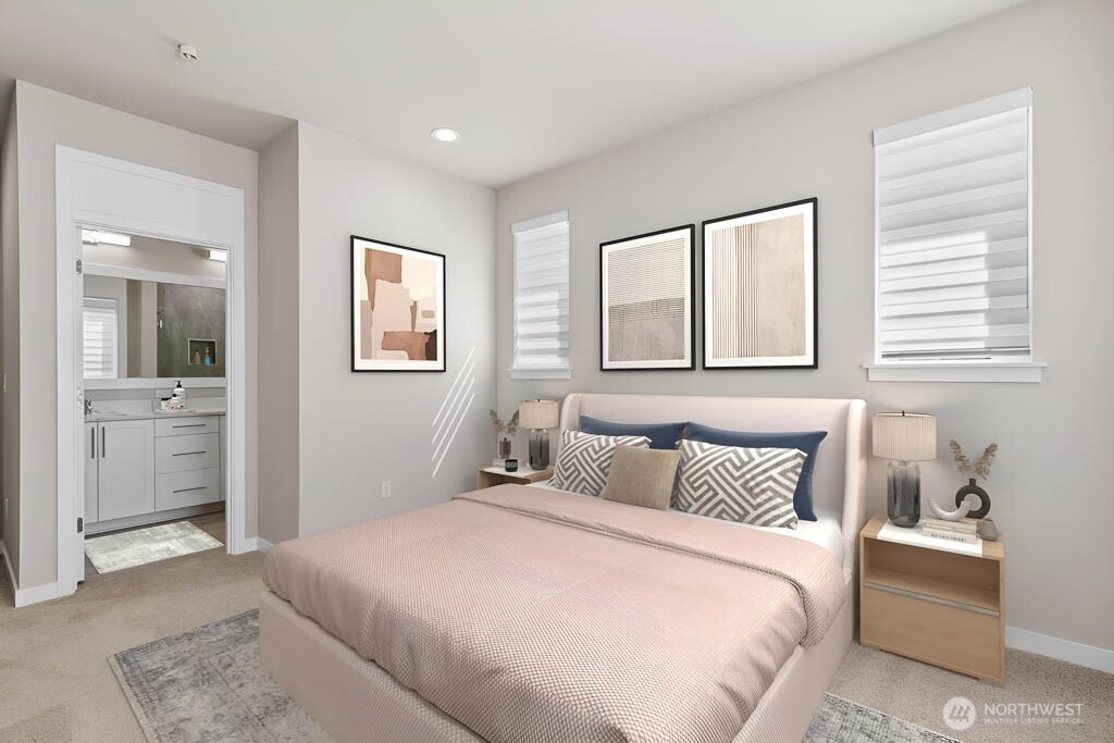 Virtual staging. Primary bedroom has a spacious bathroom as well.