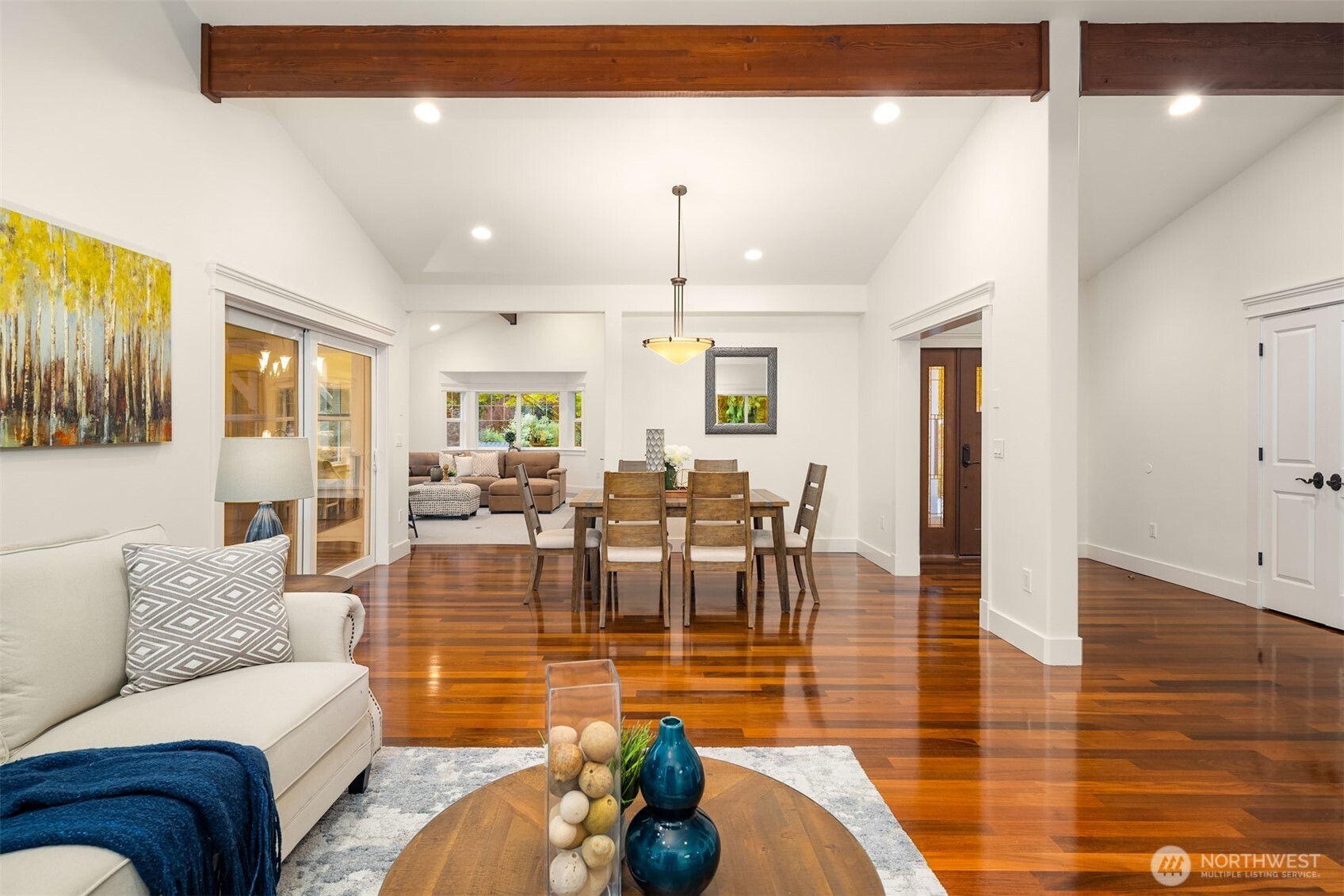 The floor plan is open and airy. Real hardwoods.