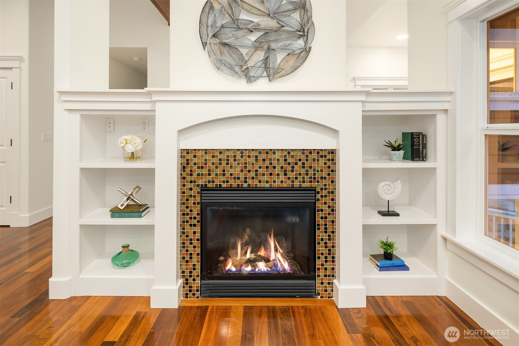 Gas fireplace in living room.