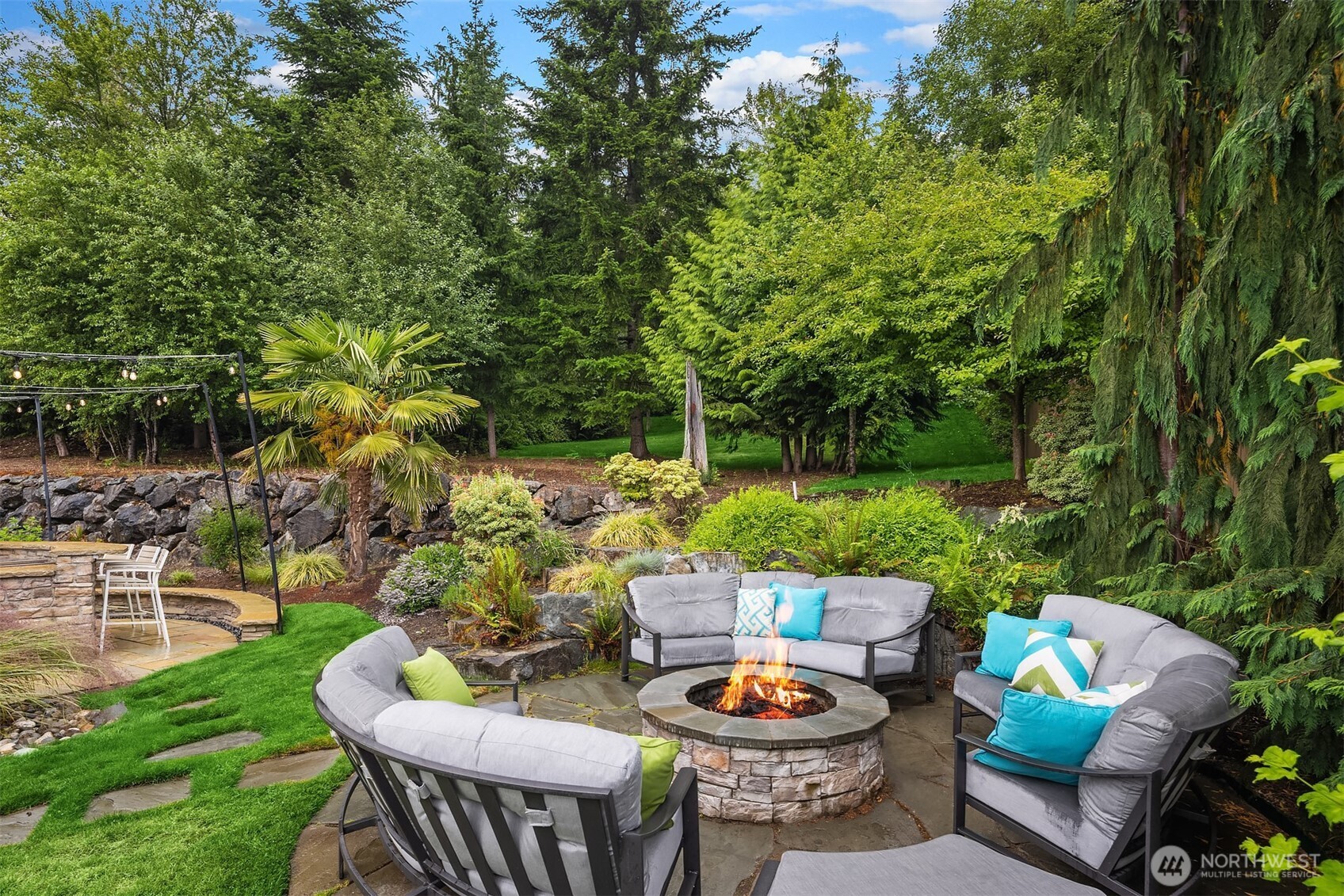 The custom curved seating stays with the house!