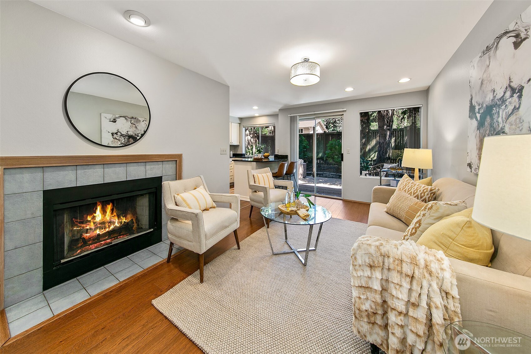 Cozy fireplace in informal living.