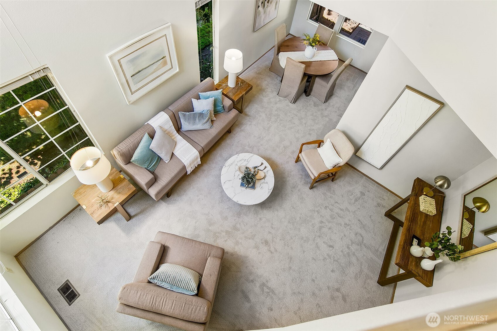 Great living room with double height ceilings.