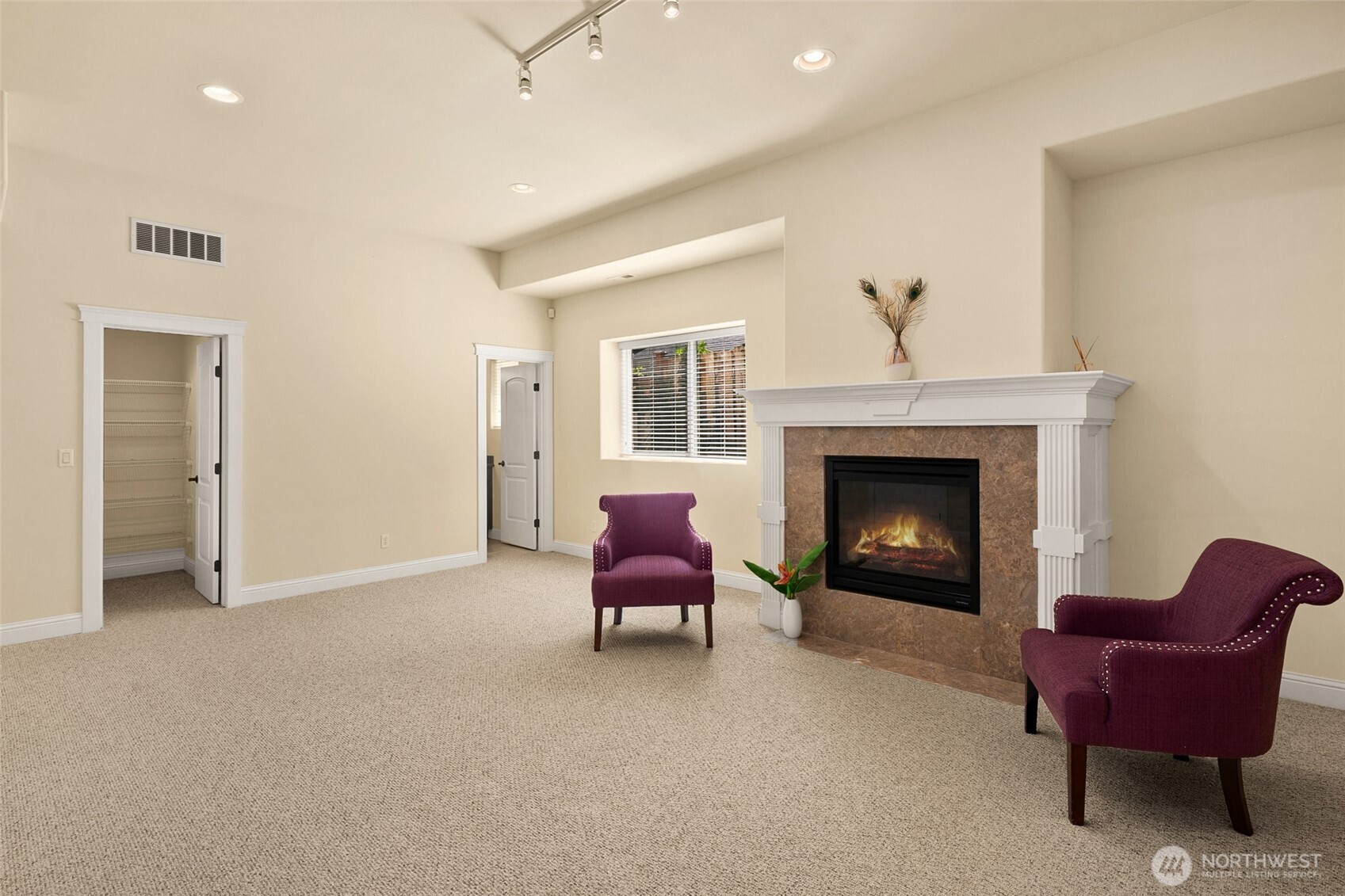 Generous flex space in the light-filled daylight basement, featuring a third gas fireplace, large storage room, and a full bath—perfect for hosting guests, entertaining or gym, or versatile living!