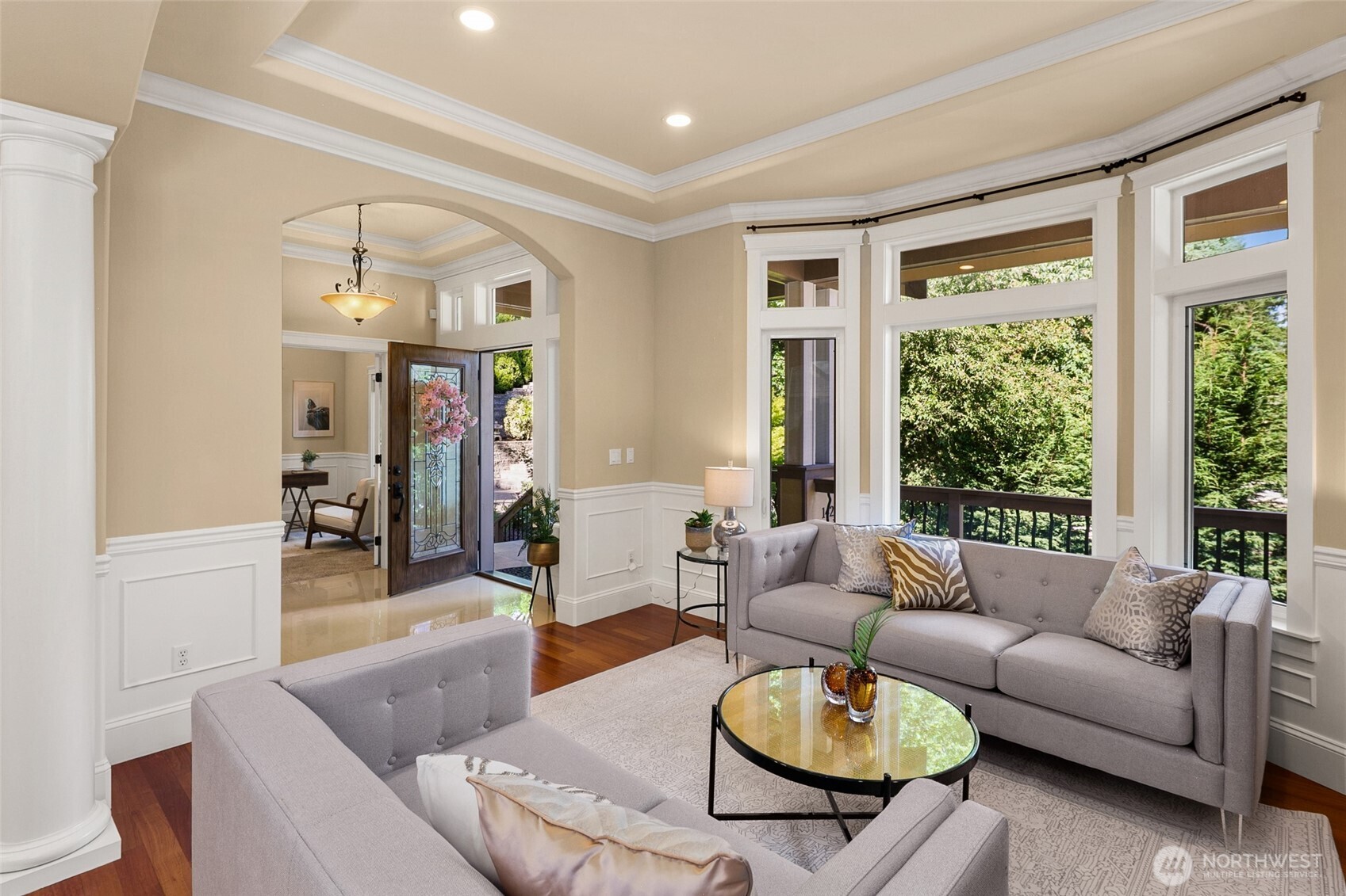 Flawless floor plan with 10’ coffered ceilings, grand tiled entry, exquisite columns, crown moldings and wainscoting throughout office, formal living and dining rooms. Beautiful formal living room showcases bay windows overlooking territorial views.