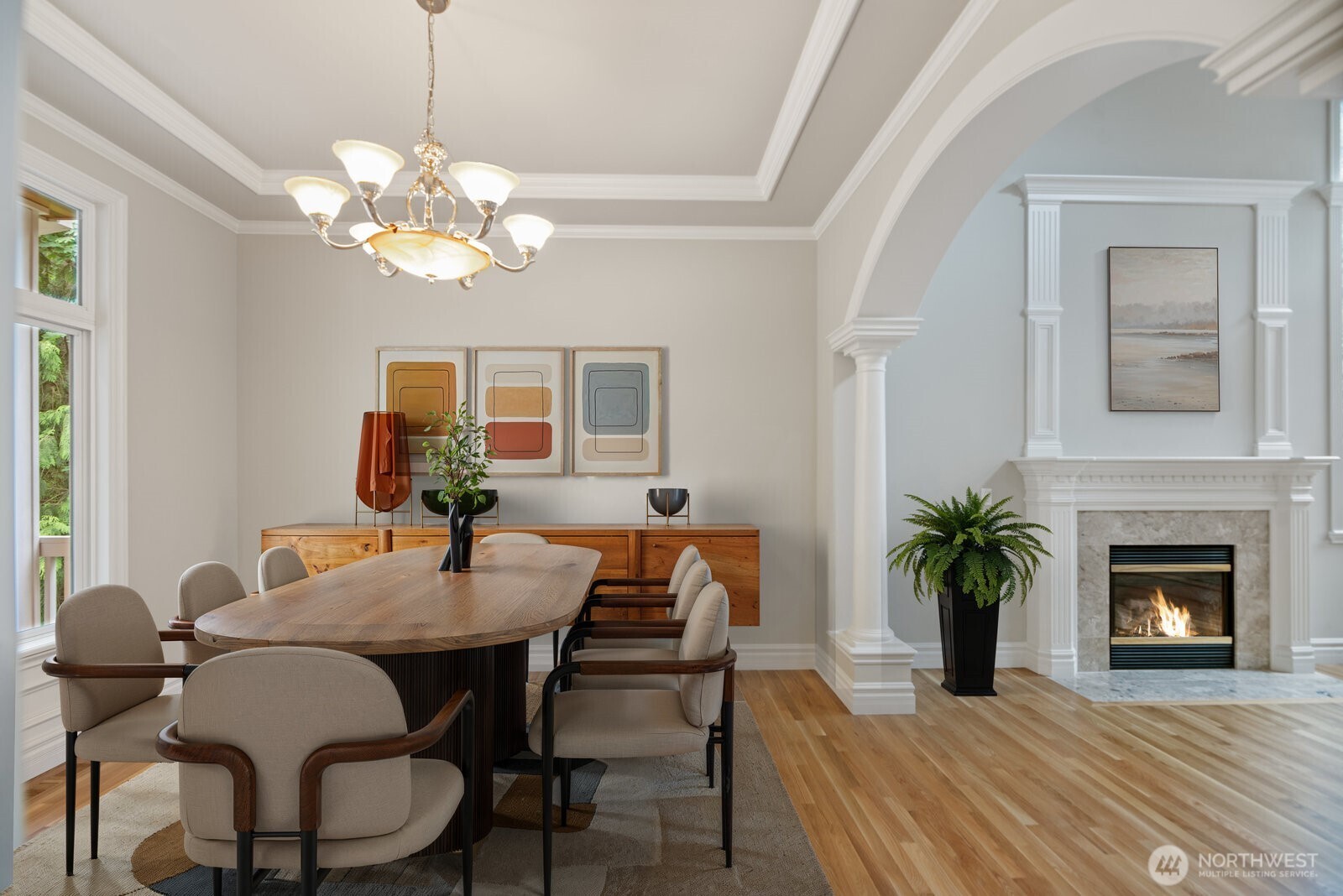 Formal Dining looks out to the Covered Balcony