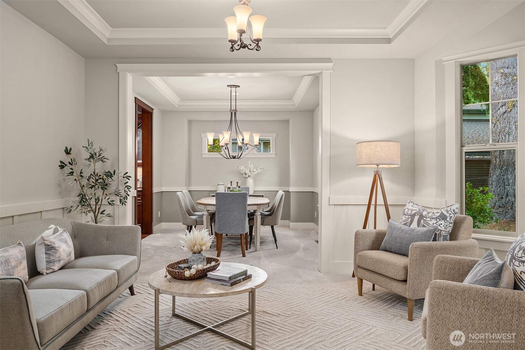 Formal front rooms feature crown moulding and chairrail detail.