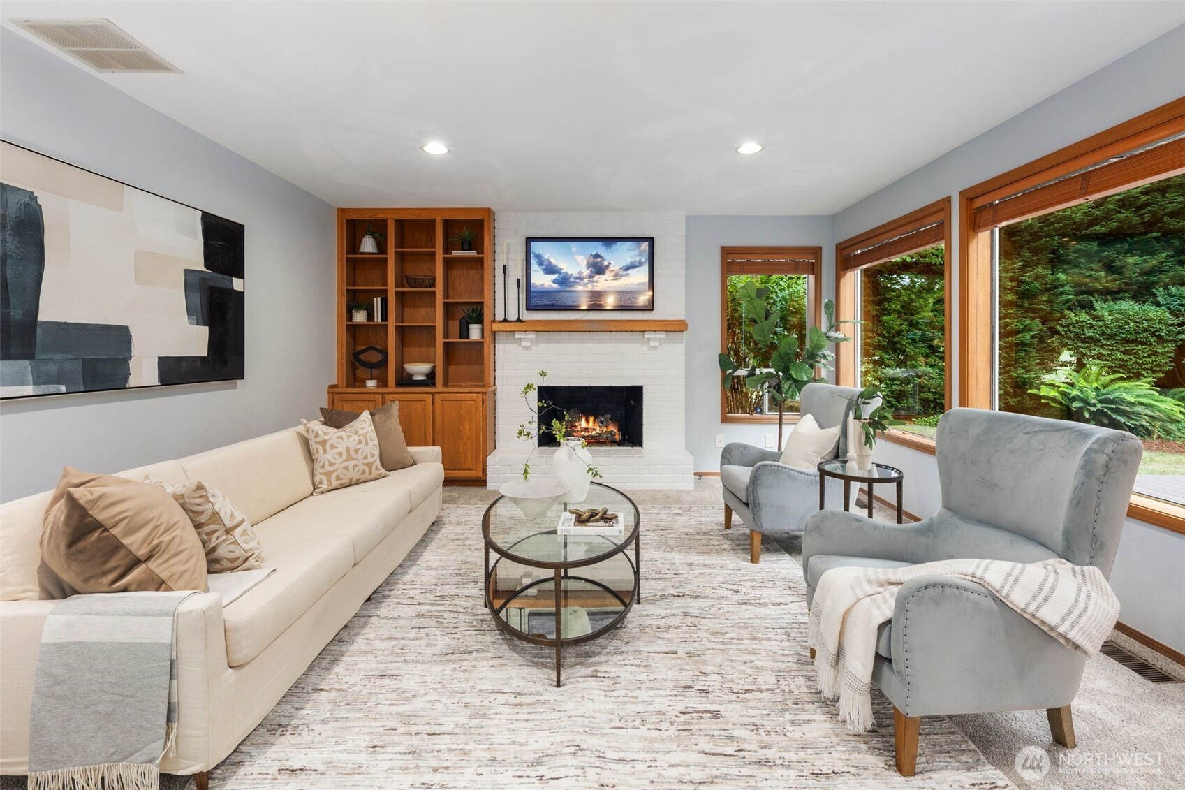 Great Room with new gas fireplace logs