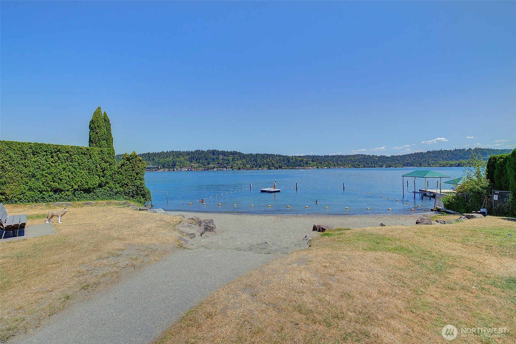 Private swim beach with floating dock