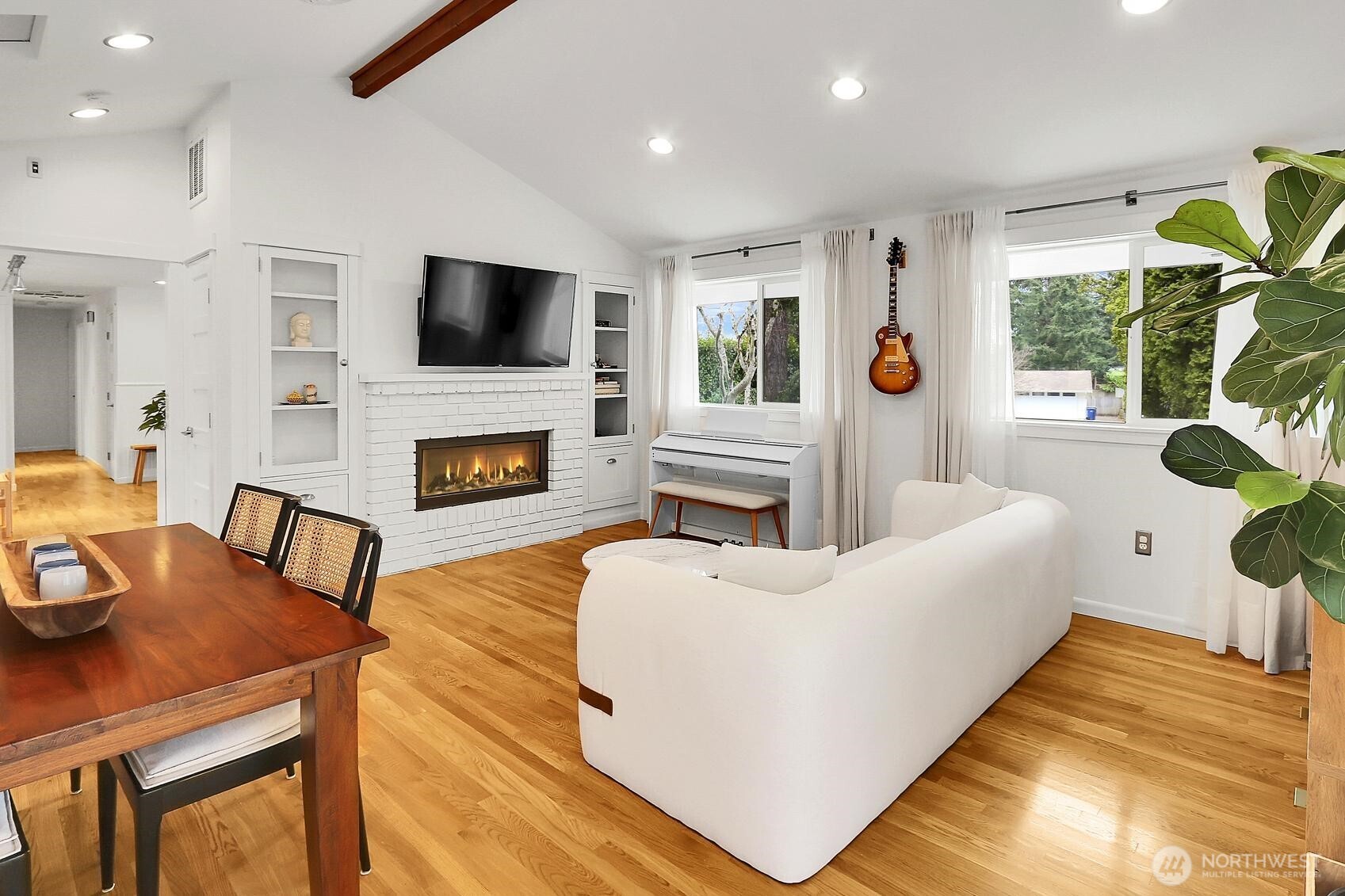 Warm up near the cozy fireplace in the family room this winter.
